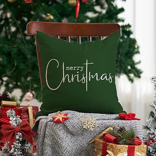 Miniatura 2 de Fundas de almohada navideñas con texto en inglés Merry Christmas, decorativas, de tela de algodón, color verde, de lino, funda de almohada para