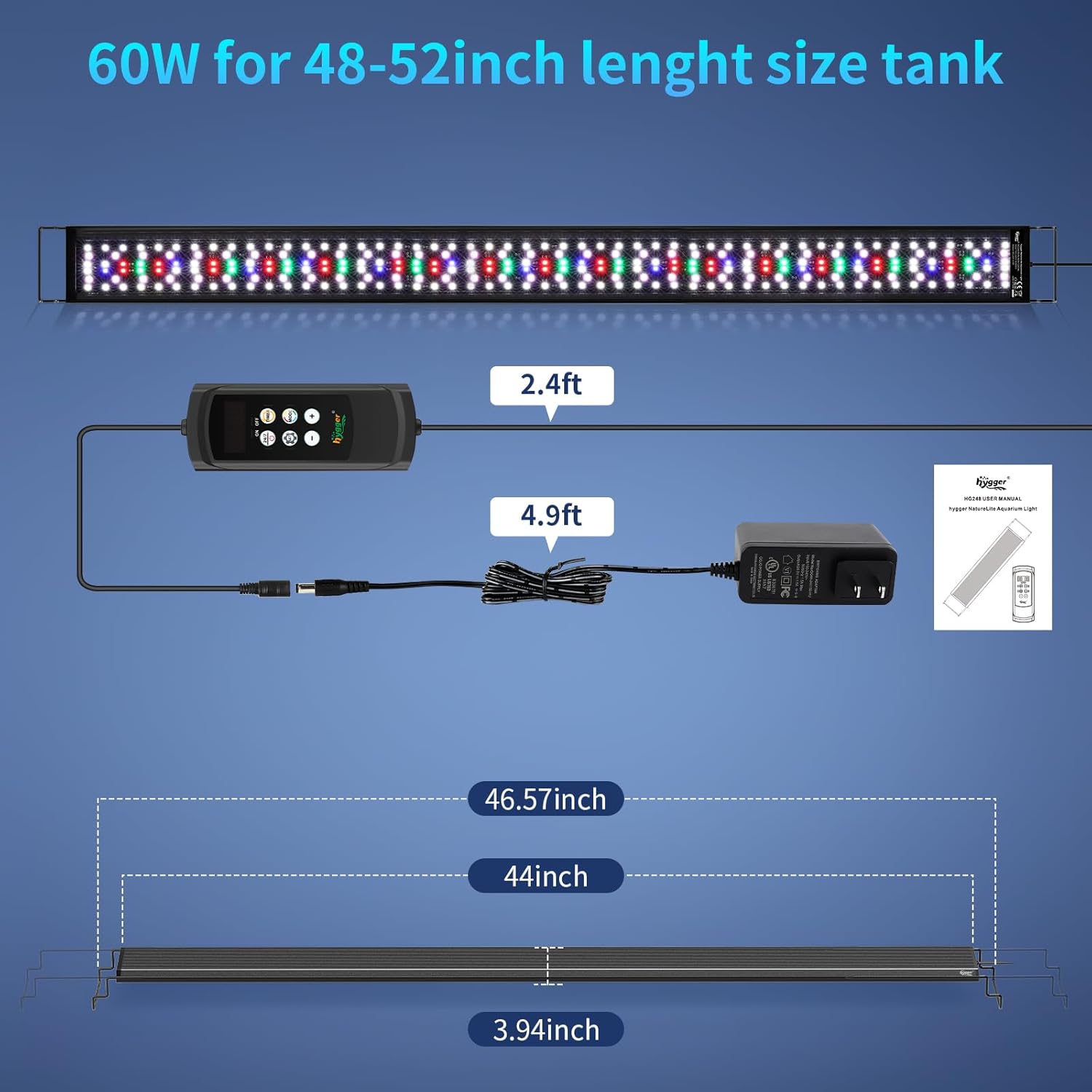 hygger Aquarium Light, 60W Full Spectrum Fish Tank LED Light, 24 H Remote Control Adjustable Timer, Brightness and Color, Extendable Bracket, Power-Off Memory Plant Growth Lamp, Fits 48-52 Inch Tank