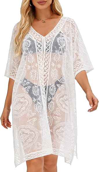 Women's Sexy Elegant Lace Bathing Suit Cover Up V-Neck Swimsuit Coverups Loose Swimwear Beach Dress Beachwear