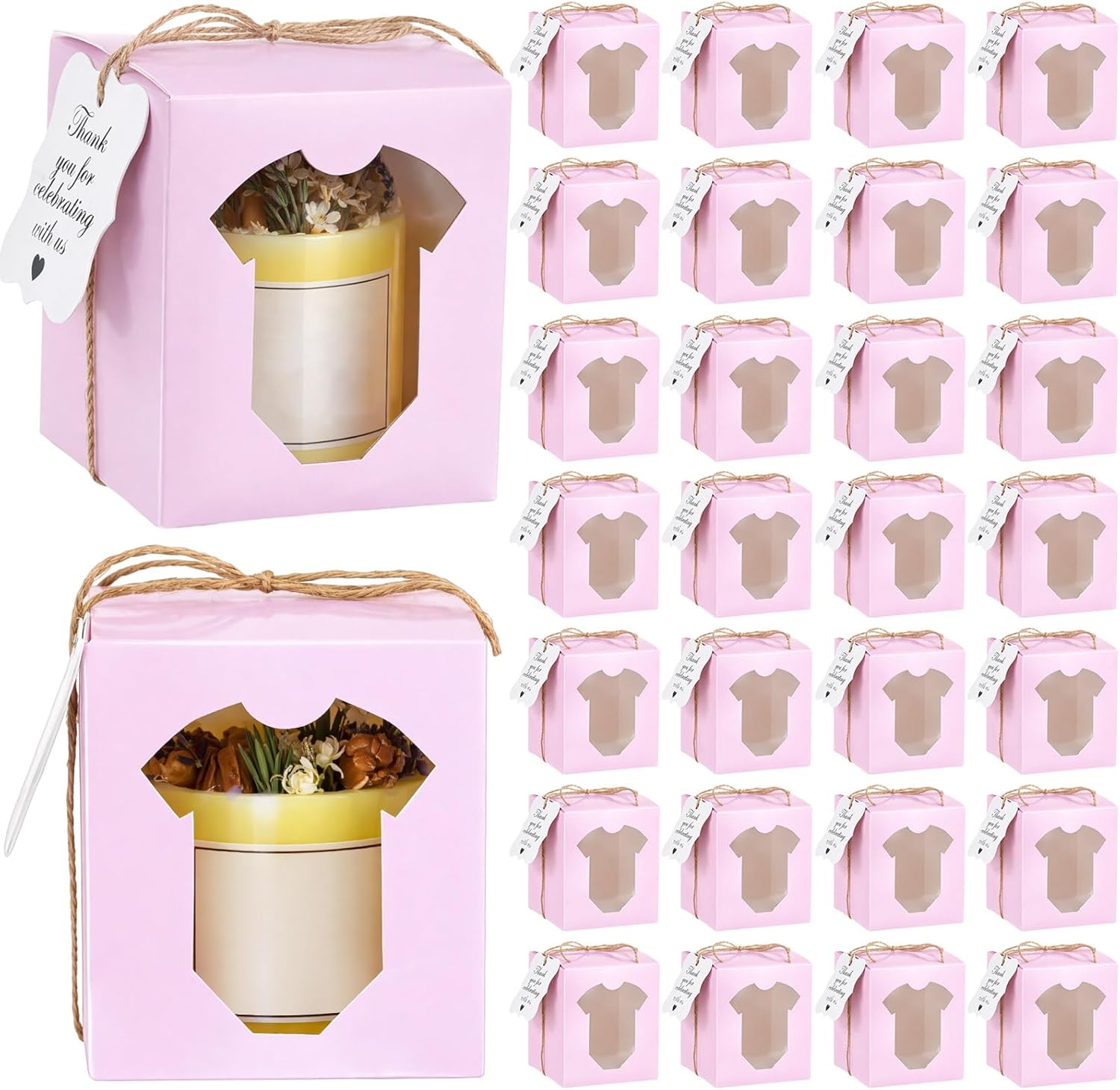 ReliThick 50 Set Candle Gift Box Transparent Gift Packaging for 4-10 oz Candles 50 Paper Thank You Tag for Wedding Birthday Baby Shower Party Favor, 3.35x3.35x3.94 in(White,Square)
