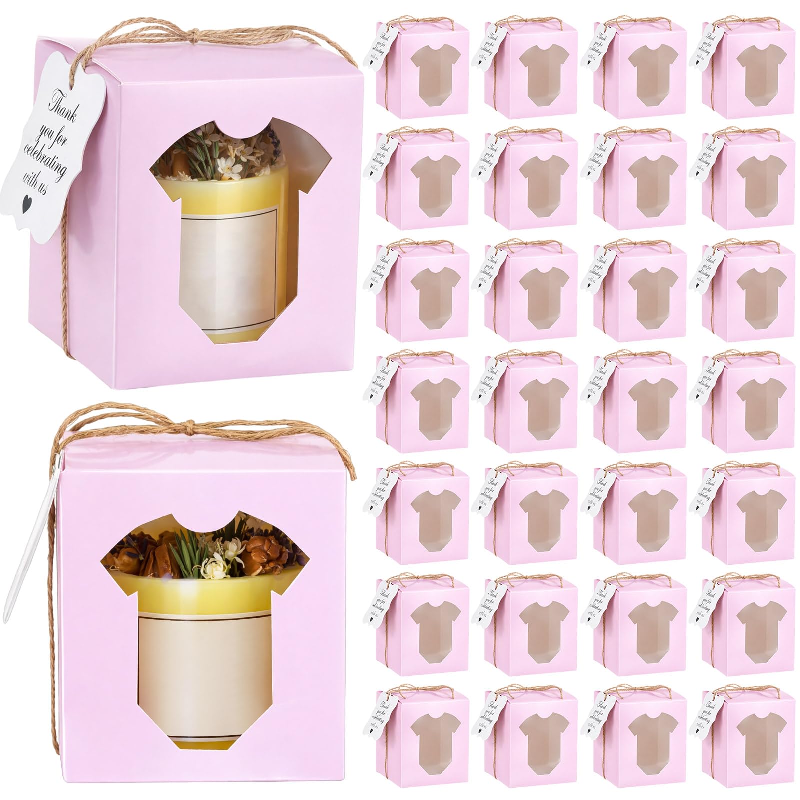 ReliThick 50 Set Candle Gift Box Transparent Gift Packaging for 4-10 oz Candles 50 Paper Thank You Tag for Valentines Wedding Birthday Baby Shower Party Favor, 3.35x3.35x3.94 in(Pink,Clothes)