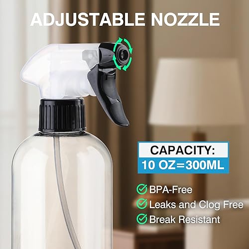 Miniatura 3 de Botellas pulverizadoras de plástico sin BPA, 10 oz10.1 fl oz, rociador ajustable, recipiente vacío recargable, corriente de niebla para regar