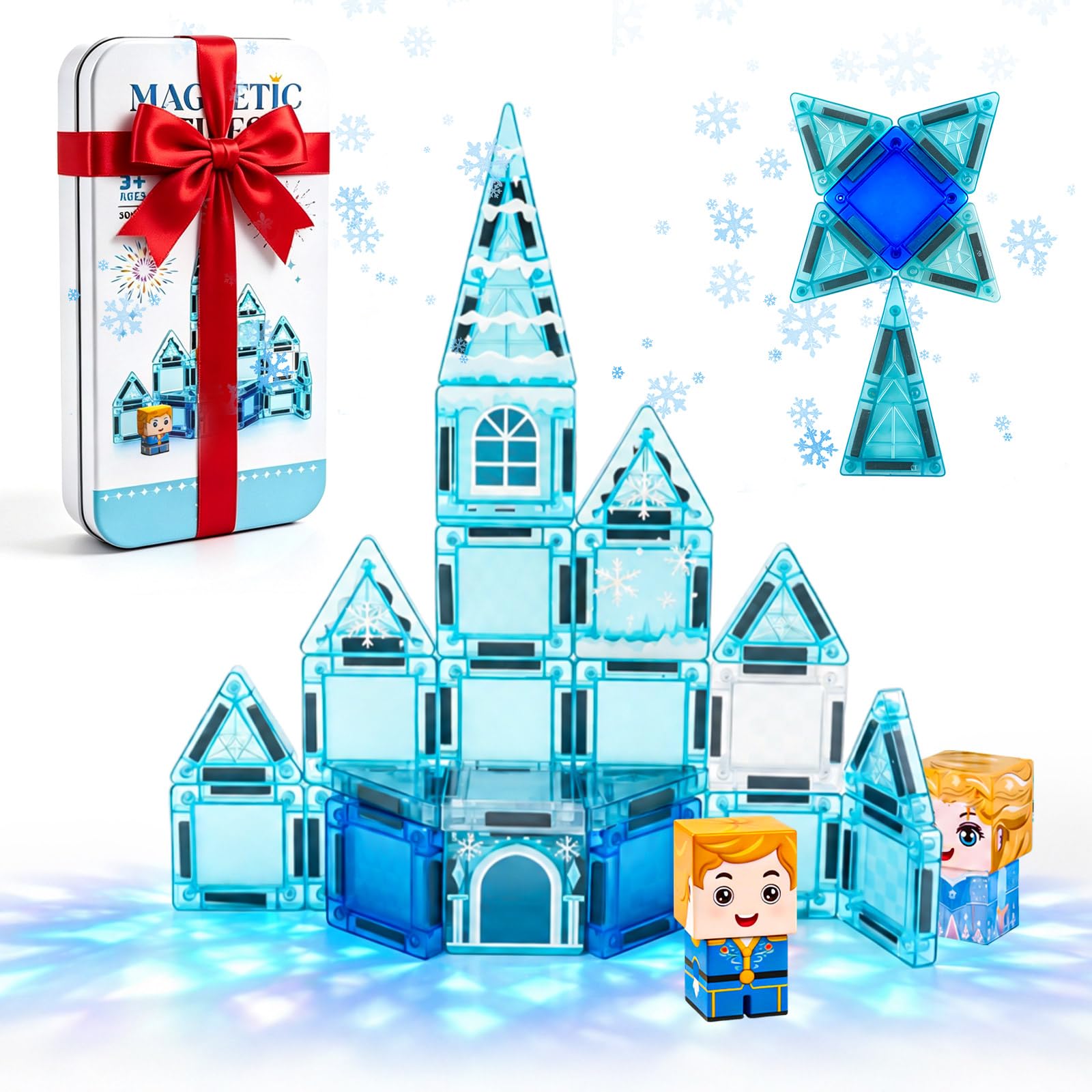30 PCS Princess&Castle Theme Mini Magnetic Tiles, Magnetic Building Blocks Travel Essentials Toys with Case, On-The-Go STEM Construction Set, Montessori Preschool Education Sensory Toys for 3+ (Blue)