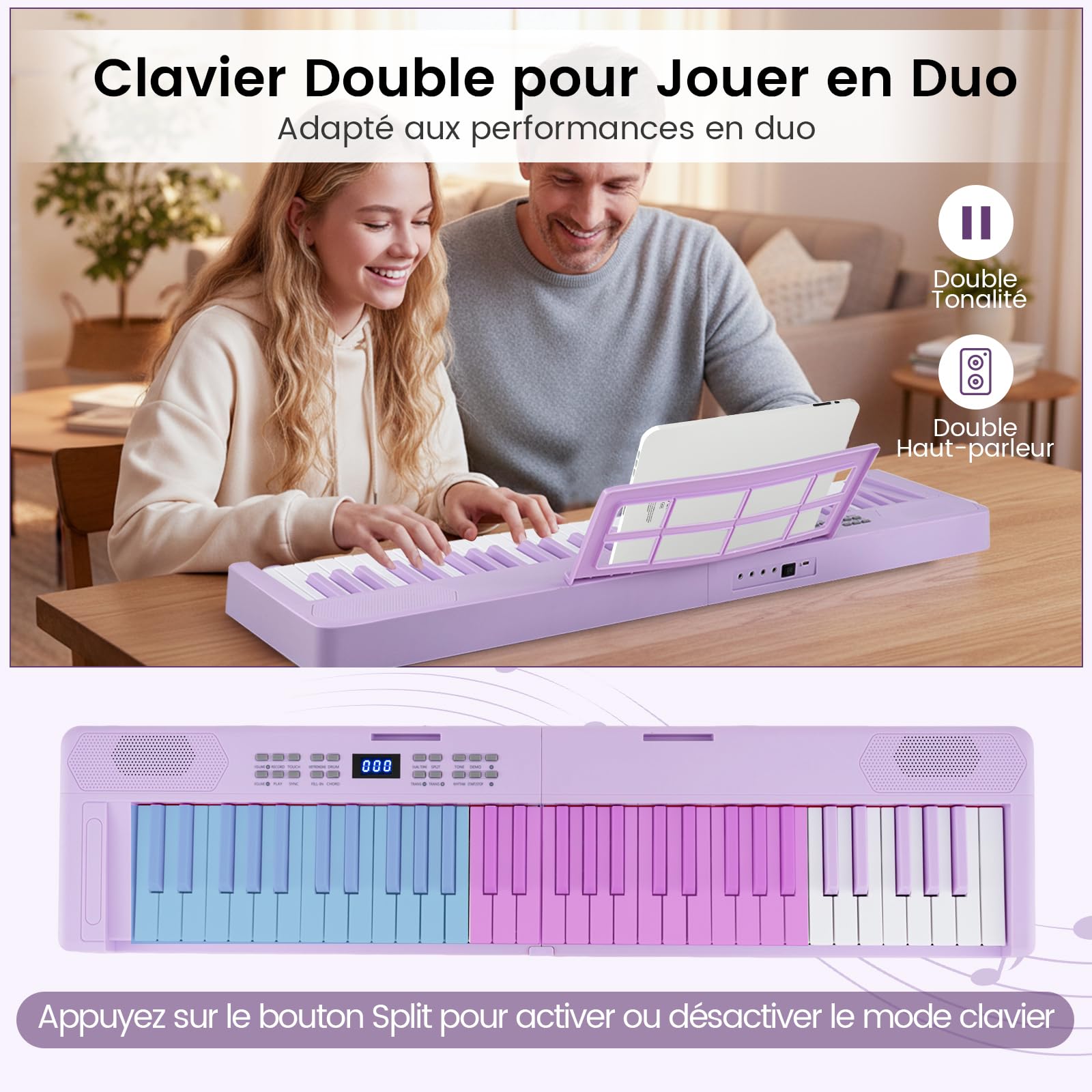 COSTWAY Piano Numérique 61 Touches Pliable avec Casque, Pupitre, Clavier Piano Taille Complète avec Haut-Parleurs, Pédale de Sustain, Fonction MIDI, 128 Sons 128 Rythmes pour Débutants (Violet)