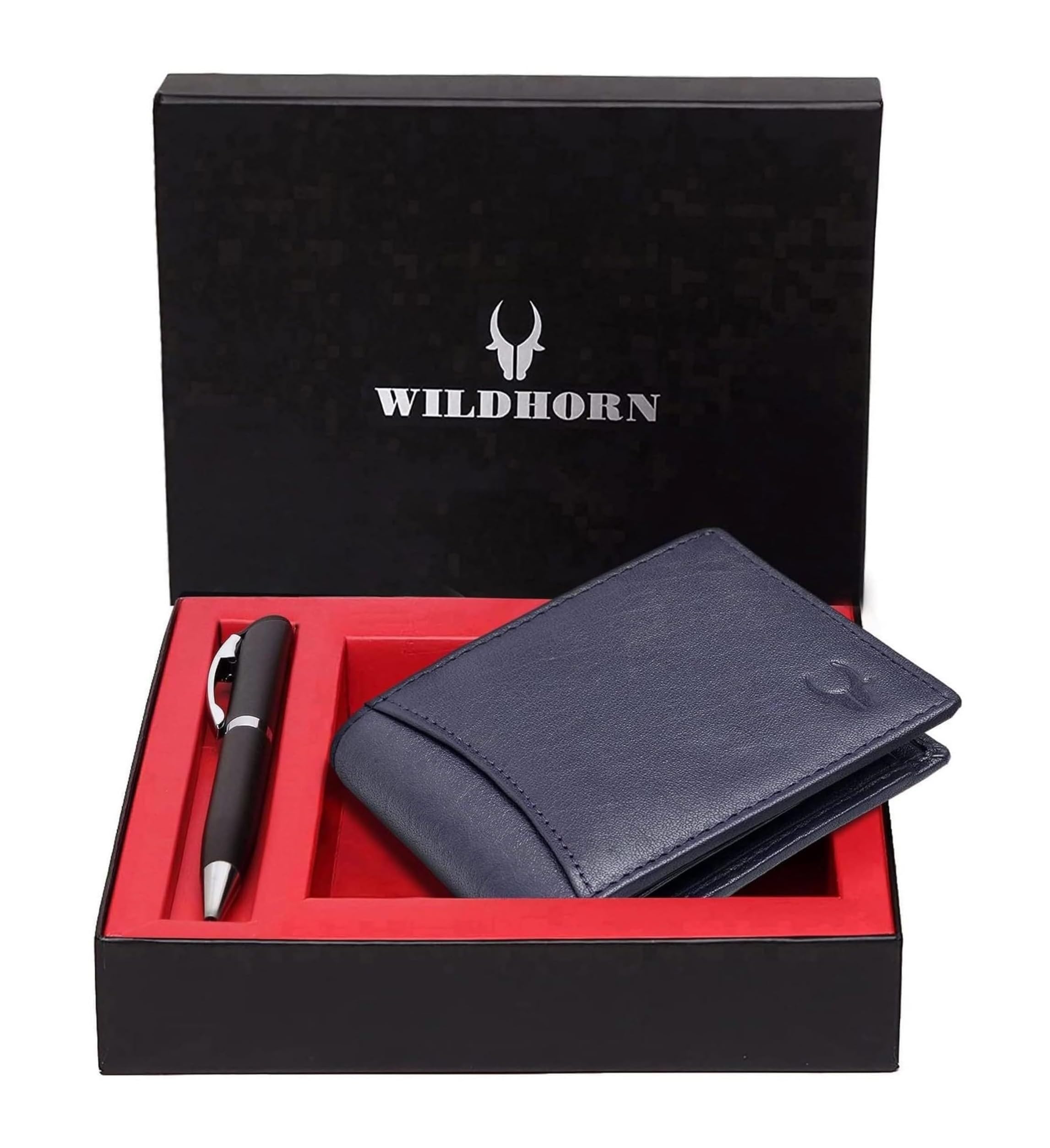 WildHorn ® Men's RFID Protected Leather Wallet and Pen Combo (Blue)