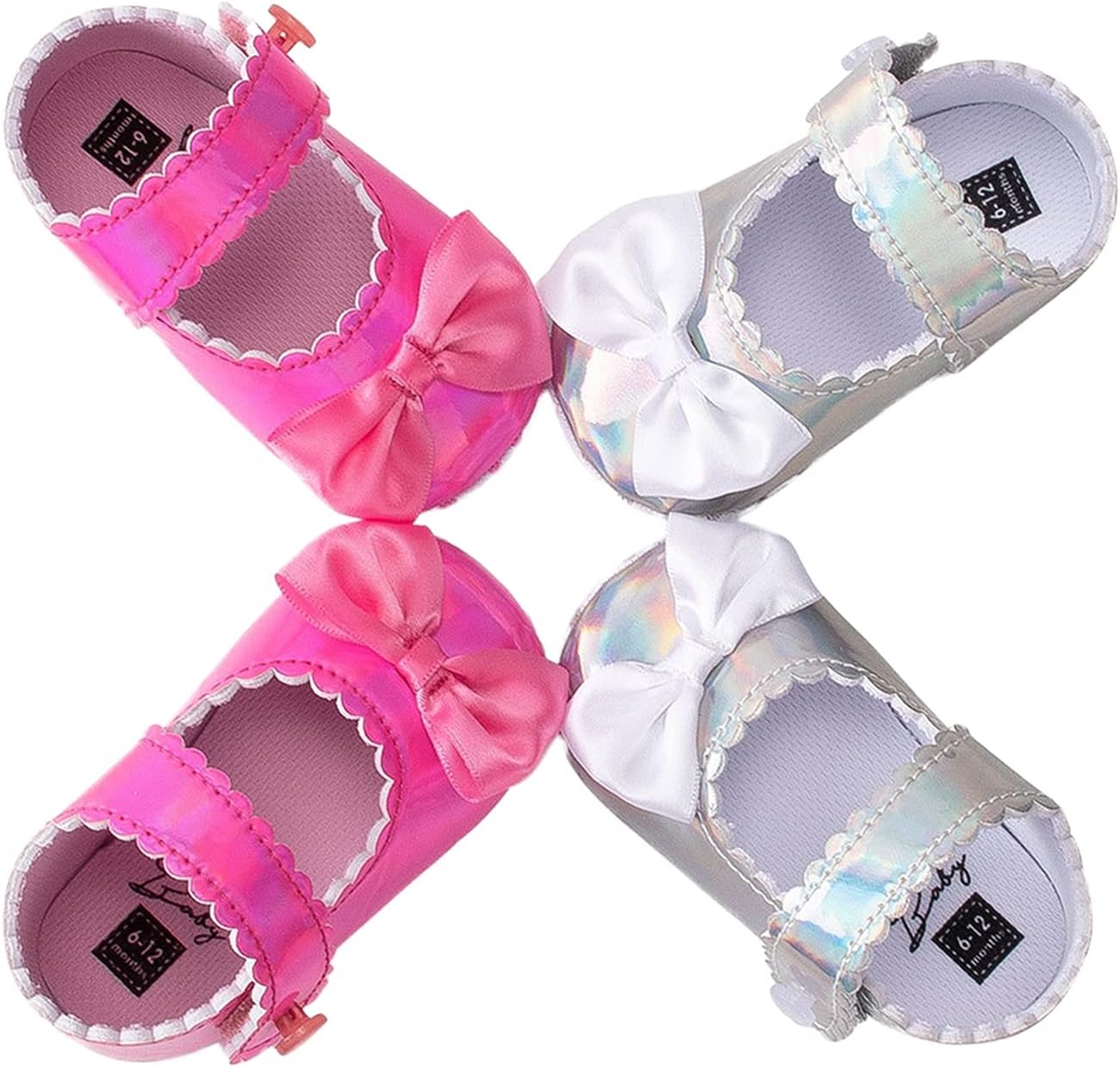 Baby Shoes Baby Girls Mary Jane Flats Non-Slip Soft Soled Baptism Crib Shoes Bowknot Wedding Princess Dress Shoes Shoes (Color : Rose Red, Size : 0-6 Months) (Sliver 6)