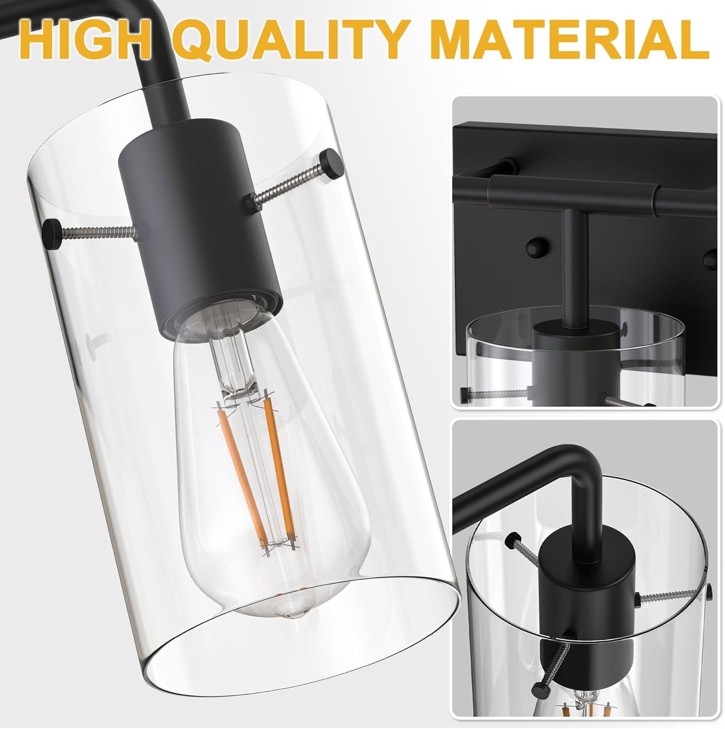 L LOHAS LED 5-Light Bathroom Light Fixtures, 33.85" Black Bathroom Vanity Light with Straight Glass Shades, Modern Vanity Lights for Bathroom Light Fixtures Over Mirror Living Room Hallway, E26, ETL