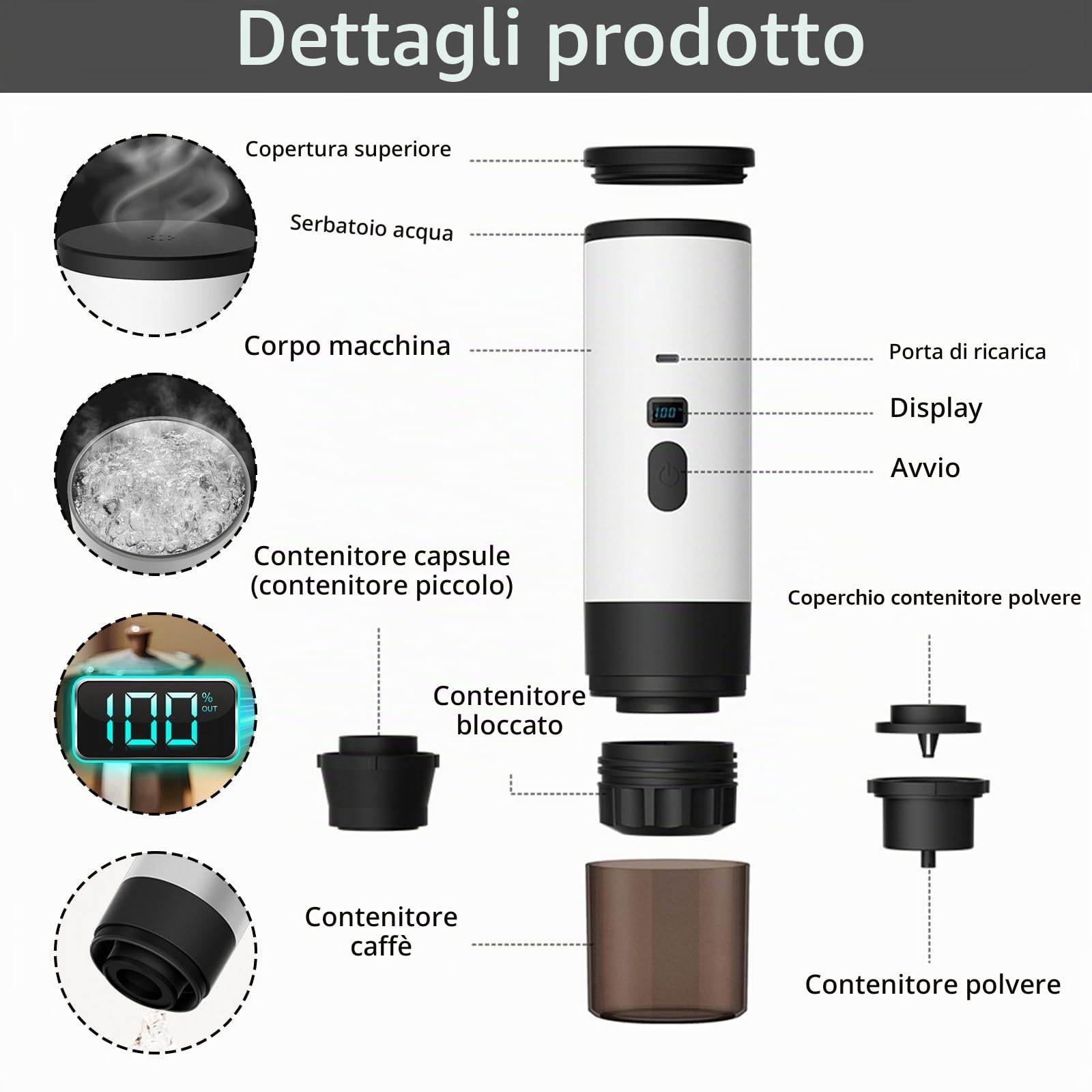 Macchina da Caffè Espresso Portatile 3 in 1, Macchina per Caffè Espresso Elettrica 90ml Caffettiera Elettrica da Viaggio con Batteria per 12V Auto e Camion e Campeggio (Bianco+Supporto)