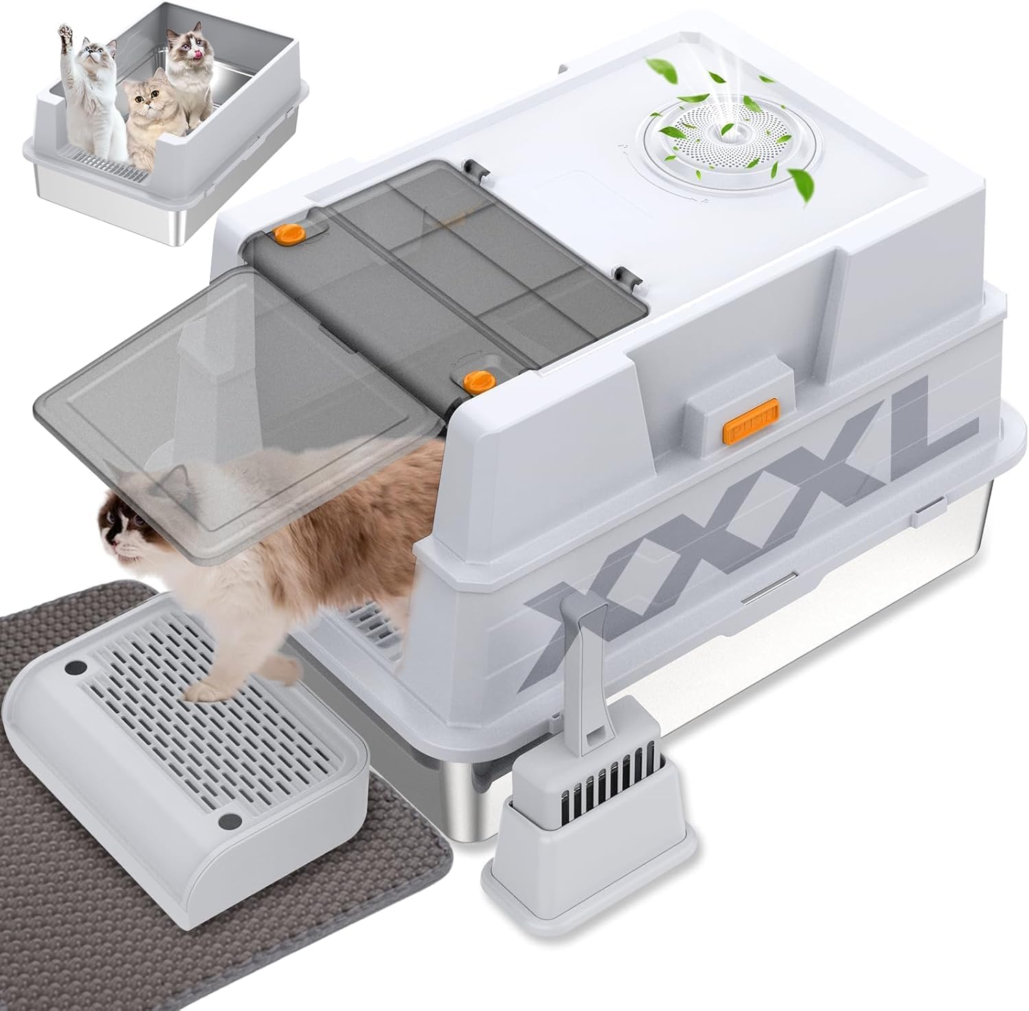 Katzenklo Edelstahl mit Deckel,Katzenklo Groß Katzentoilette XXXL Katzenklo Geschlossen mit Schaufel, Pedal & Matte, für große Katzen/mehrere Katzen