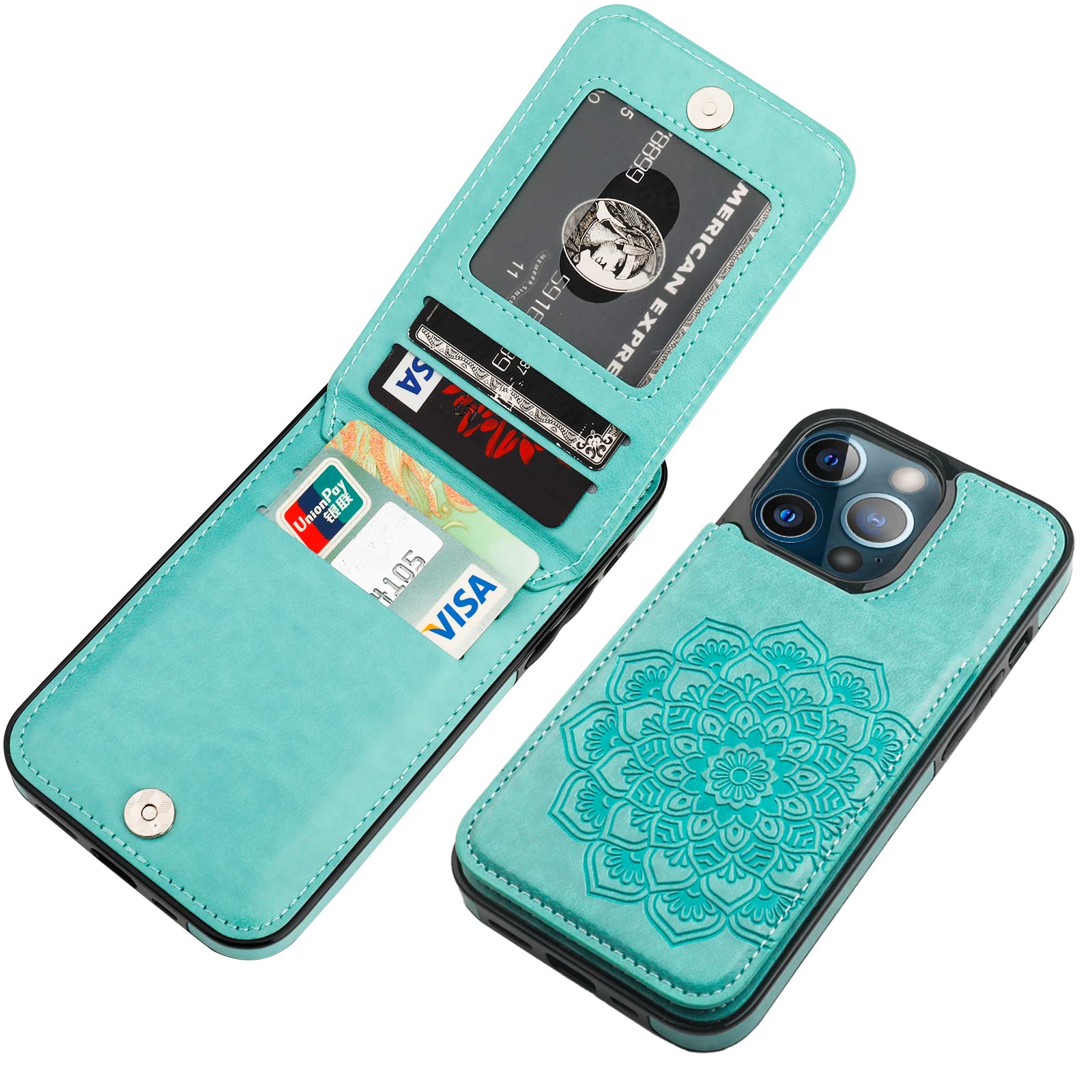 Vaburs Funda tipo cartera para iPhone 13 Pro, funda con función atril y tarjetero de crédito, patrón floral de mandala en relieve, piel sintética, cierre magnético, a prueba de golpes, funda