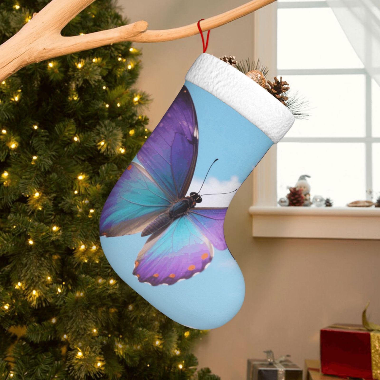 Velvet Christmas Stockings 17.7 Inch, Colorful Butterflies Xmas Stocking with Soft Cuff,Classic Personalized Christmas Tree Decoration for Family Holiday New Year Party Supplies
