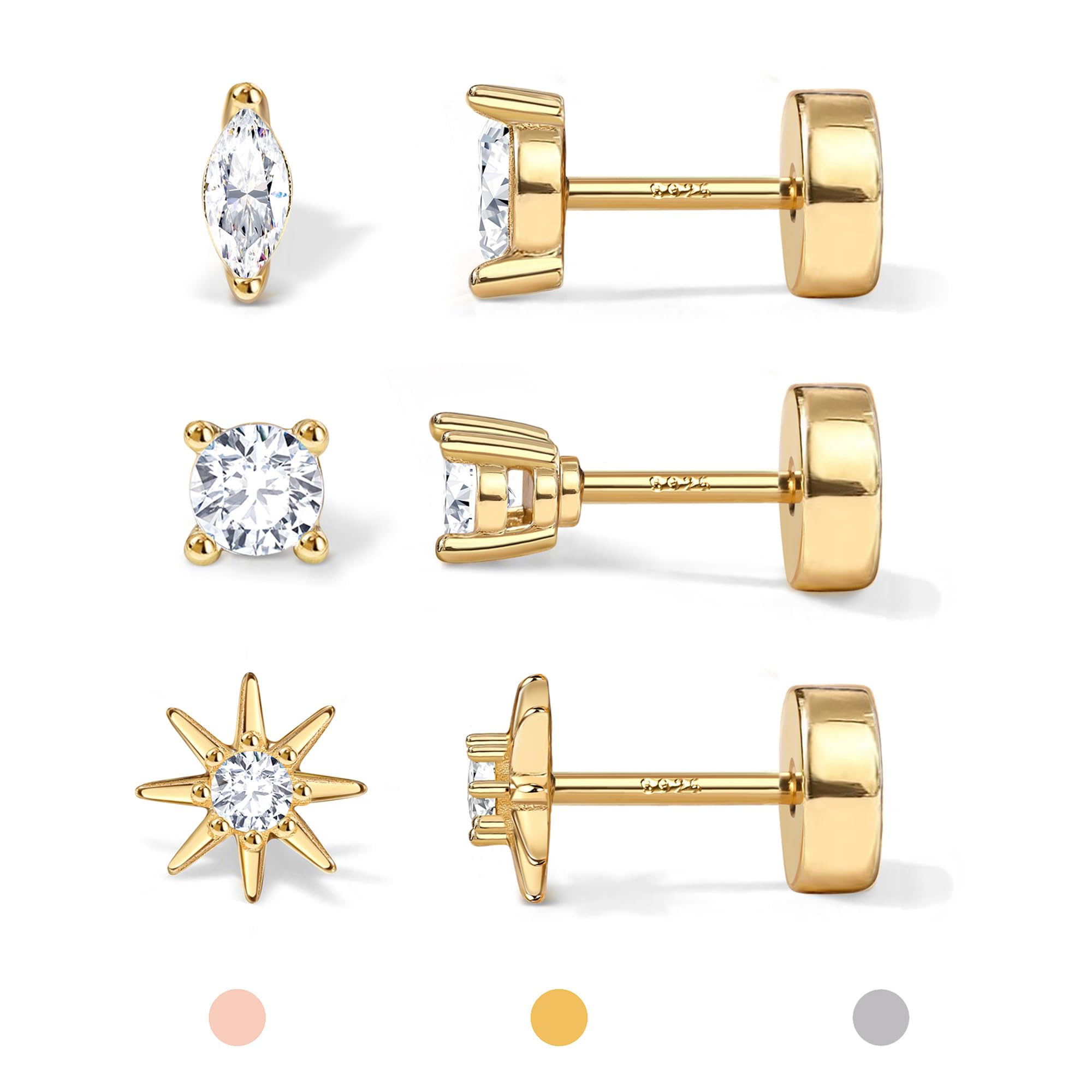 14K Gold Plated Solid 925 Sterling Silver Post Flat Back Earrings Stud | Cartilage Helix Conch Tragus Piercing Jewelry 3 Pairs Tiny Screw Dainty CZ Opal Earring Set Men Women