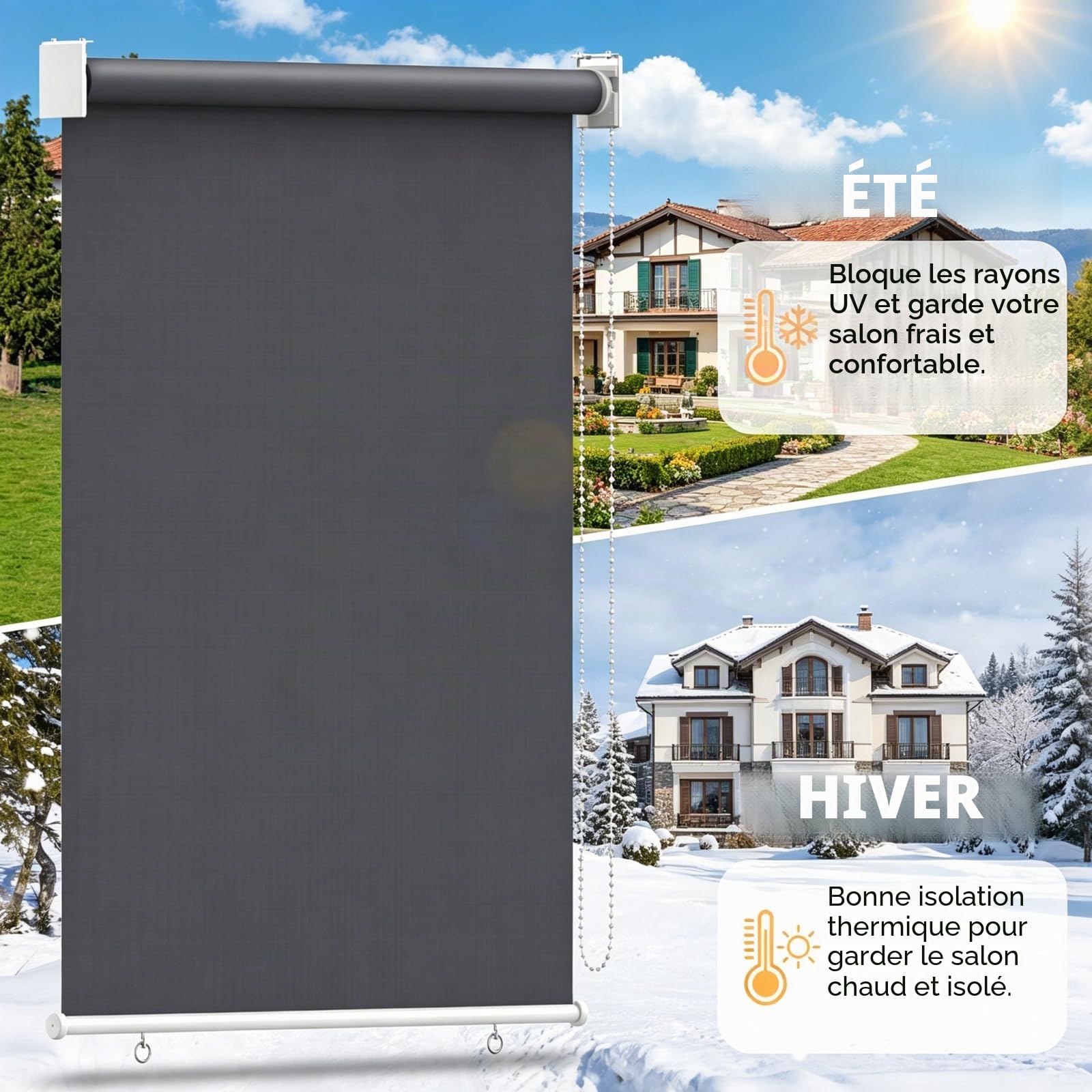 Store Enrouleur Occultant Thermique Isolant 140x240cm, Store Enrouleur Opaque de Protection Protection UV 50+, Stores Extérieur Solaire et Pare-Vue, pour Balcon Terrasse Jardin, Anthracite