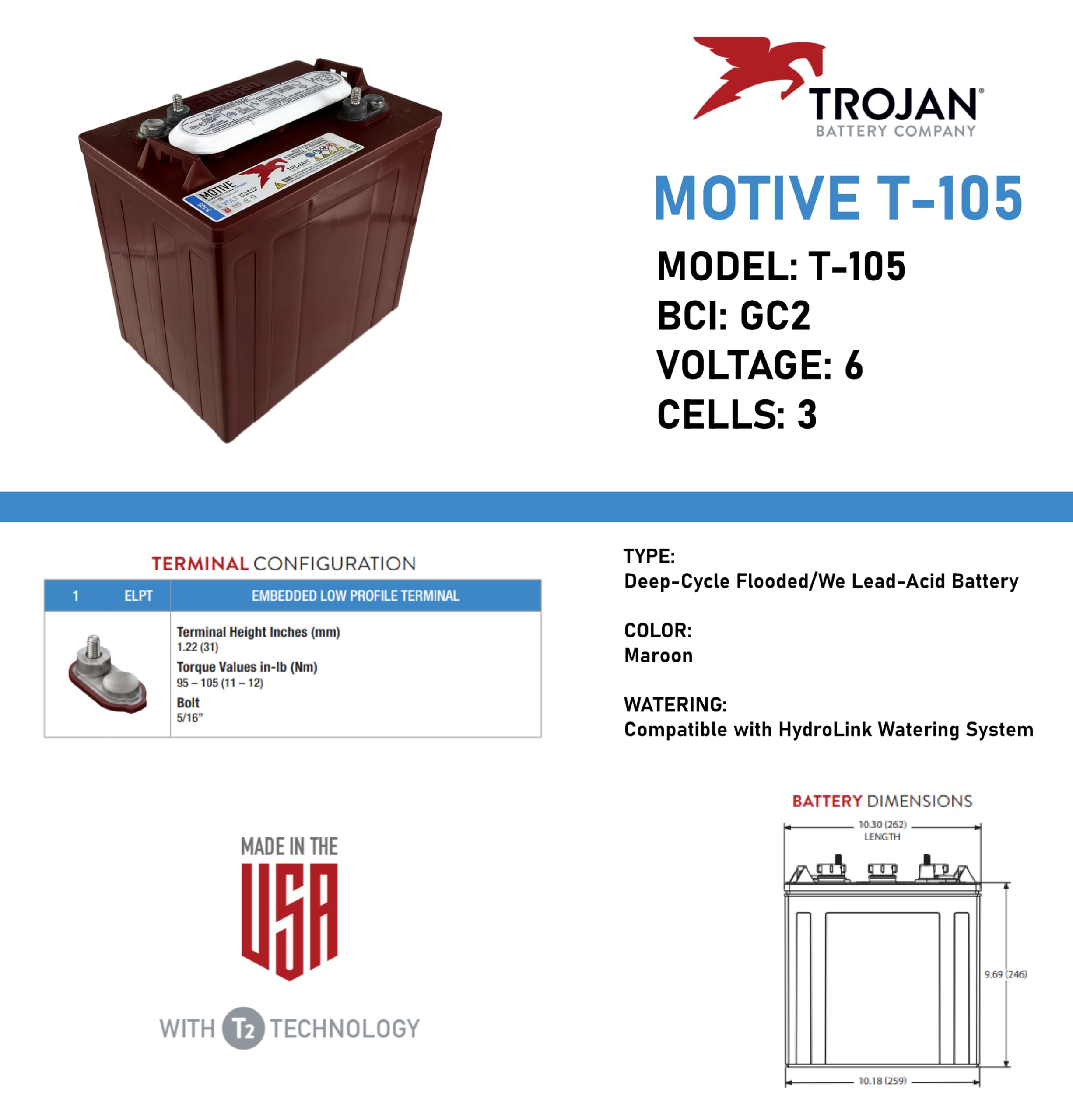 Trojan T-105 6V 225Ah Deep Cycle Flooded Lead Acid Battery, GC2 (Set of 12)