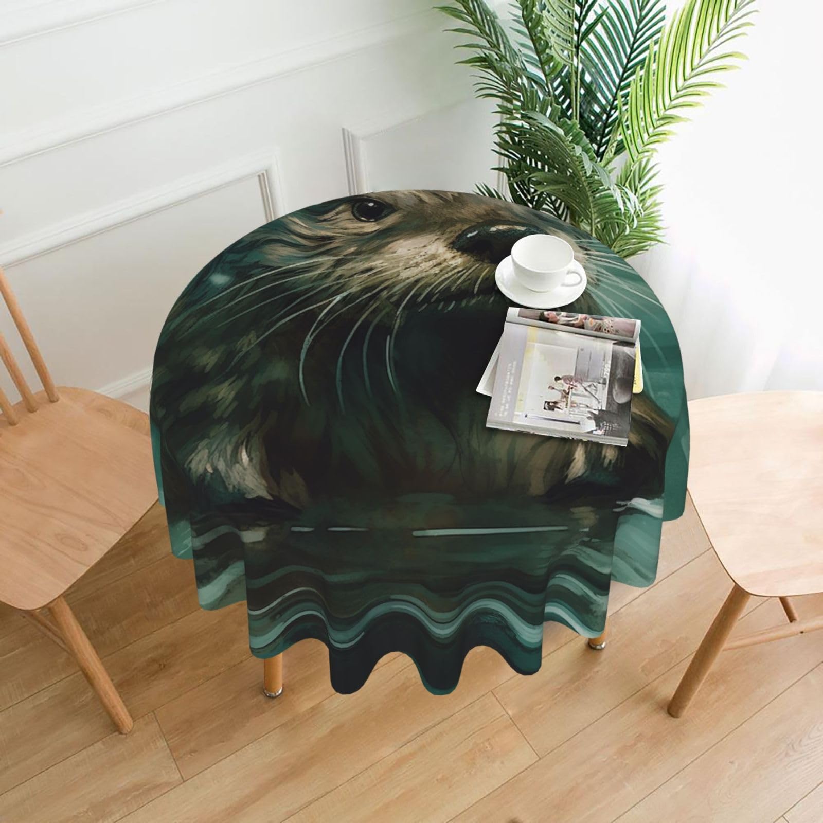 QMKFWT Otter in Water Printed Round Tablecloth,Dust-Proof Wrinkle Resistant Table Cover Washable Polyester Table Cloth for Kitchen Dining Room Farmhouse Picnic Indoor Outdoor(Round 60 Inch)