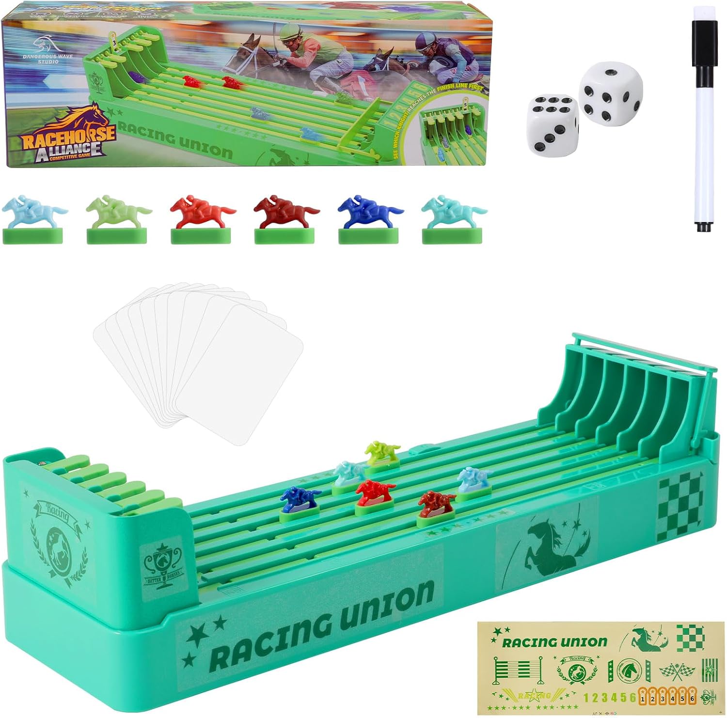 Derby Horse Racing Game, 6 Horse Race Board Game Table Top for Party Entertainment, Including Dice, Marker Pens, Cards