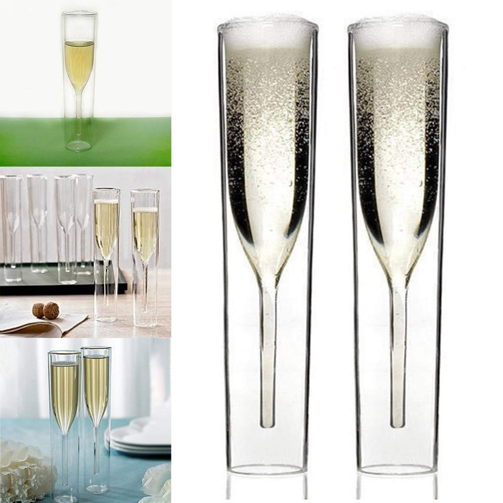 2/4/6 pezzi Flute da champagne a doppia parete in vetro soffiato a bocca, flute di vino, flute di vino, bicchieri riutilizzabili in vetro per feste, matrimoni, feste