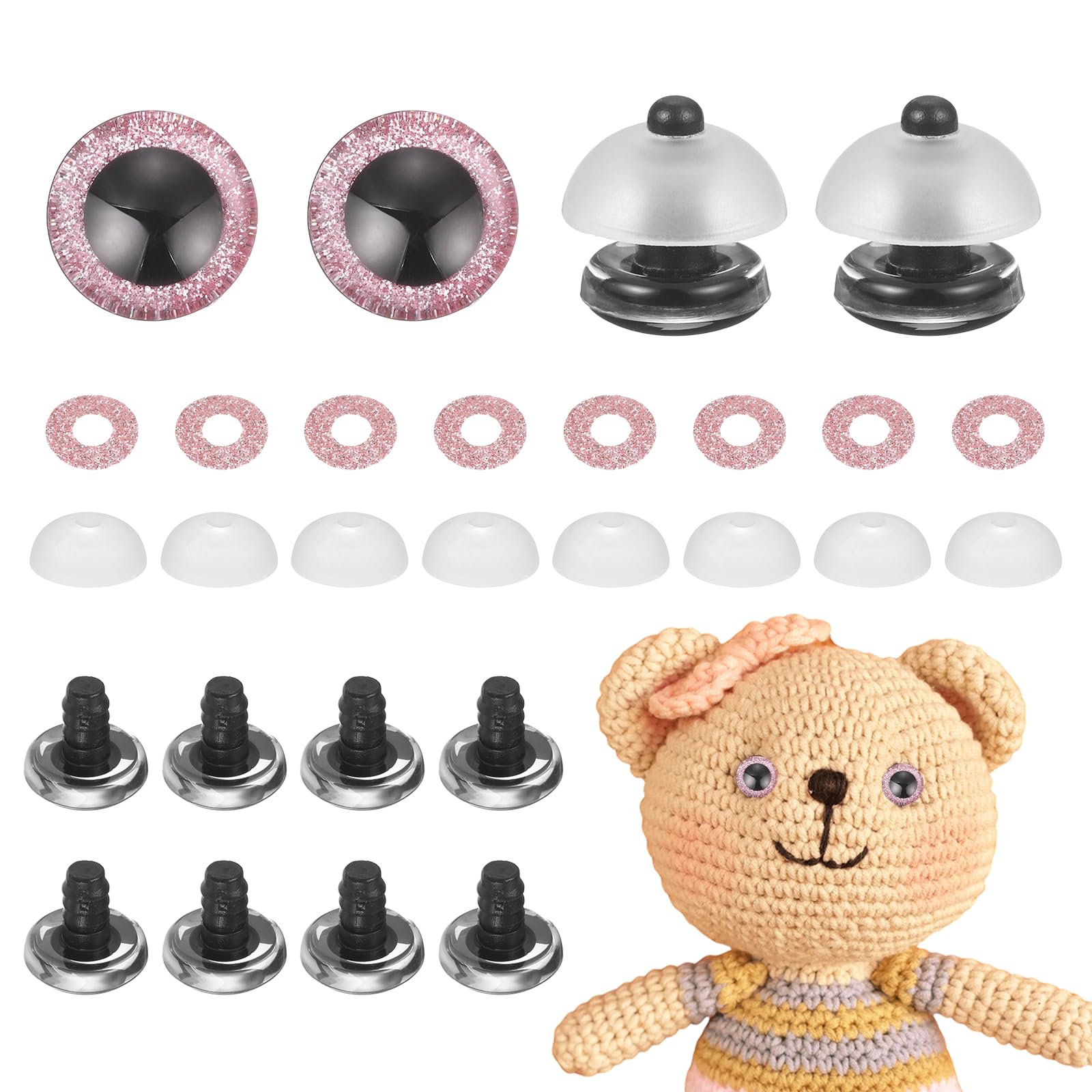 sourcing map 12 Pcs Glitter Safety Eyes, 16mm Plastic 3D Crochet Doll Eyes with Washers and Drawstring Bag for Puppet Bear DIY Crafts Stuffed Animals Making Supplies, Pink