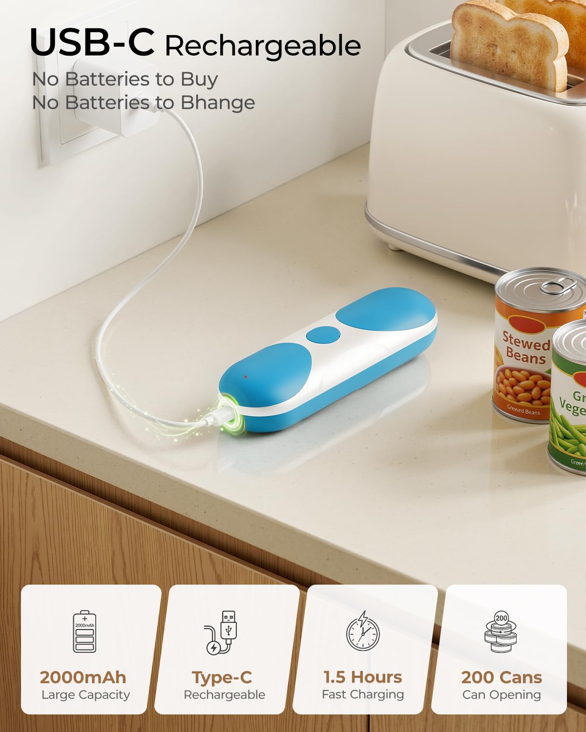 Apriscatole elettrico ricaricabile per anziani con artrite, funzionamento a batteria, funzionamento automatico one-touch, a mani libere, con bordo liscio, per lattine piccole o grandi