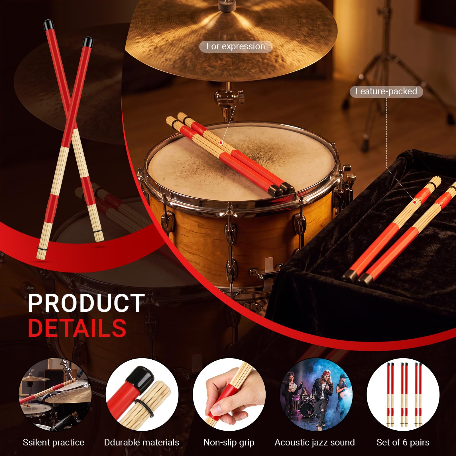 Konohan Lot de 6 paires de baguettes en bambou rouge | Rods Brosses de batterie, accessoire d'instrument de musique, performance folk jazz, débutant en musique