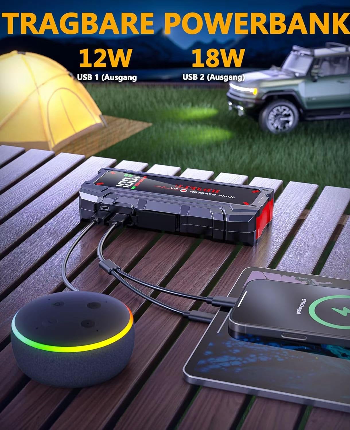 Starthilfe powerbank für pkw: 6000A UltraSafe Starthilfe Powerbank – 12V Lithium-Starthilfegerät & Starterkabel – Tragbarer Booster für Benziner bis 8.0L & Diesel bis 6.0L，with LED Lights