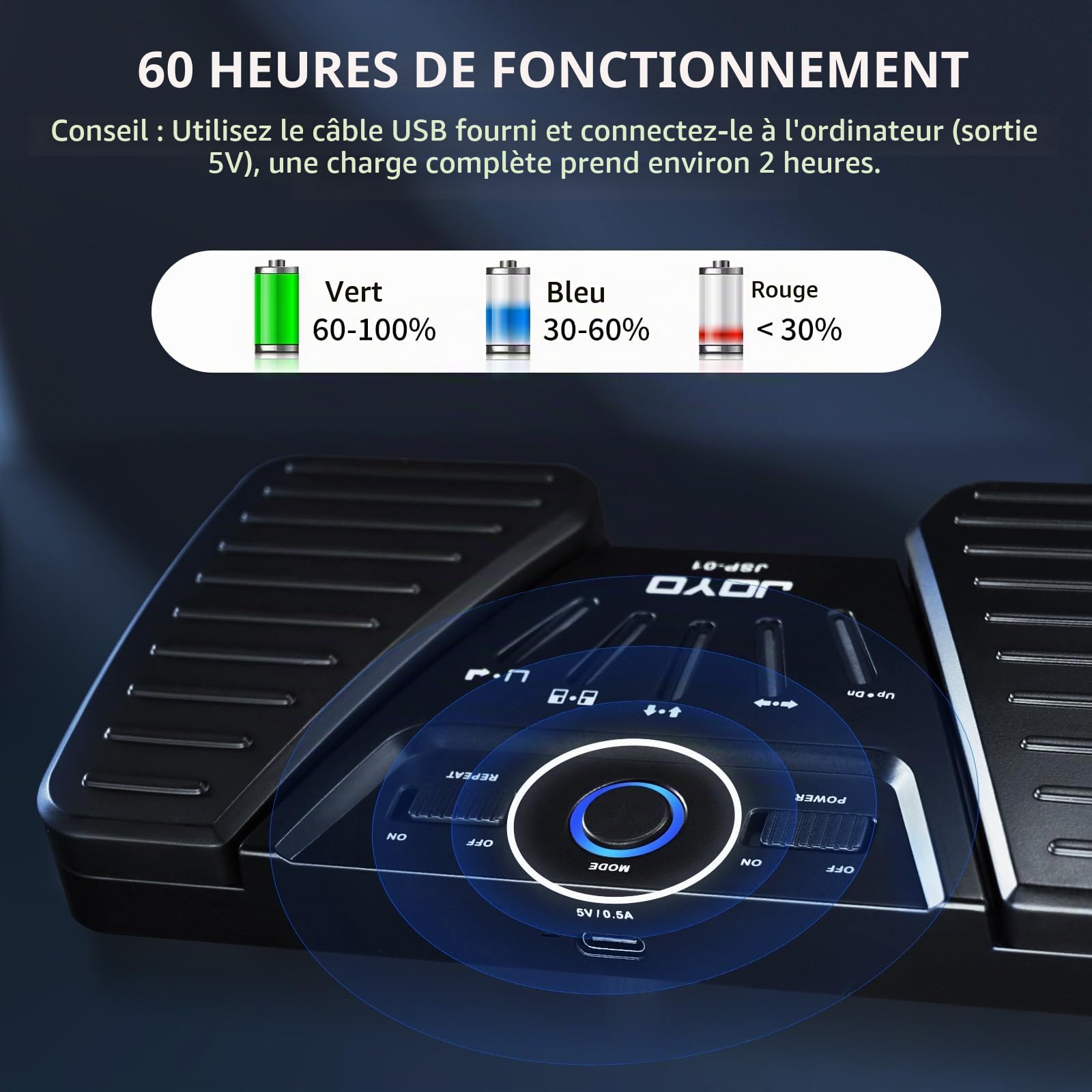 JOYO Pédale Tourne-Page Bluetooth Rechargeable, Jusqu’à 60 h d’Autonomie, 5 Modes, Commande Silencieuse, Compatible avec iPad, Tablettes, Smartphones et Ordinateurs Portables (SP-01)