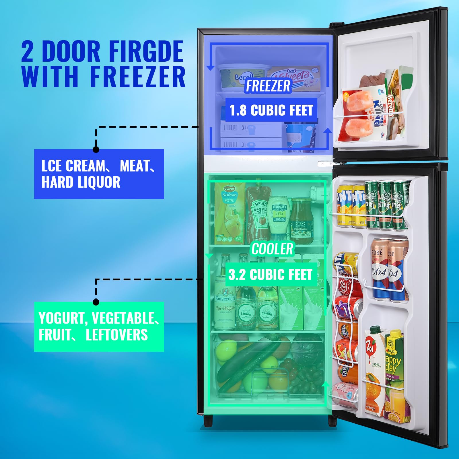 Tacool 5.0 Cu.Ft Mini Fridge Small Refrigerator With Drink Holder Double Door Refrigerator Adjustable Glass Shelves For Home,Apartment,Office Black on Fridge.com - View 2