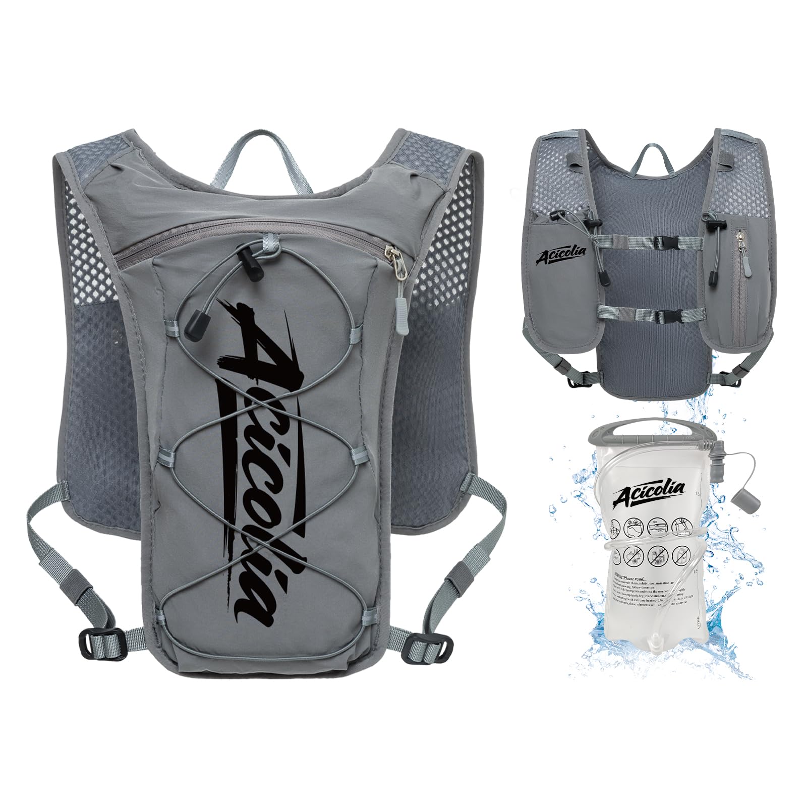 Acicolia Running Vest With 1500ml Water Bladder, Lightweight Reflective Hydration Vest Backpack for Marathons Trail Running Cycling Hiking (Grey, One Size)