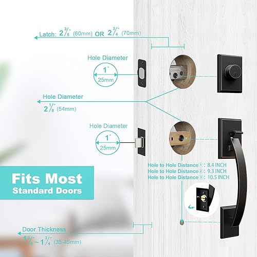 Miniatura 5 de GUA OYH Juego de manijas de puerta doble con manija de bronce aceitado con manija de bronce aceitado con cerradura de puerta delantera, juego de