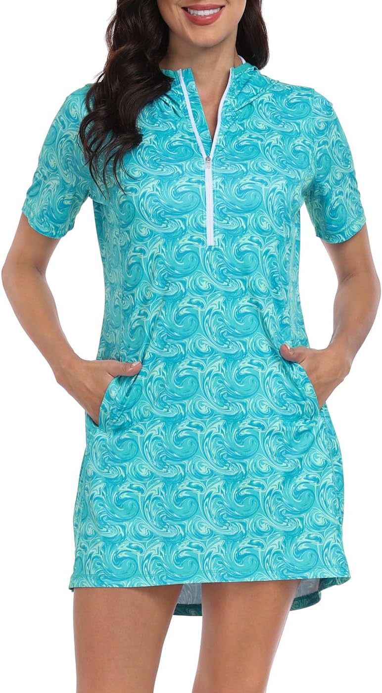 HDE Women's short sleeve beach coverup dress with hood UPF 50.