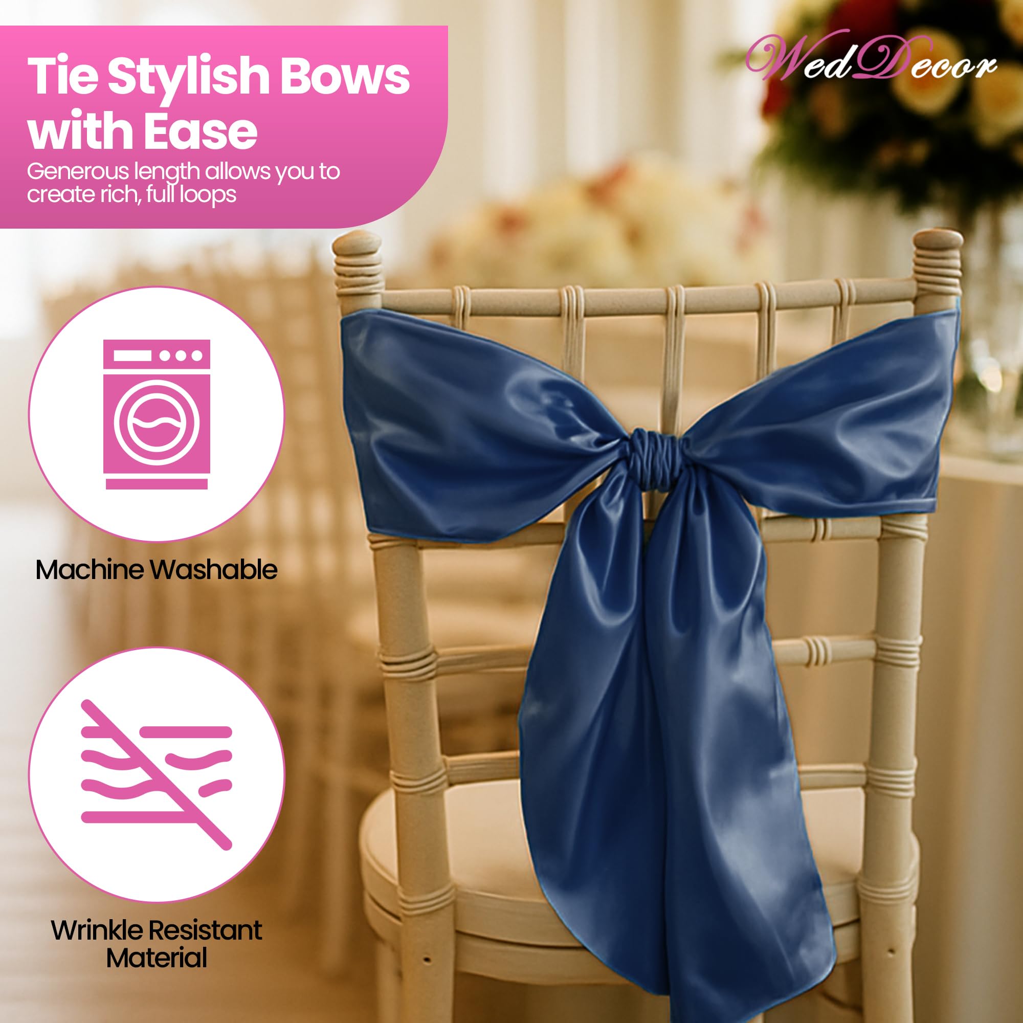 WedDecor Raso Fascia Nastro Fuller Fiocco per Sposa Matrimonio Compleanno Fidanzamento Reception Festa Banchetto Evento Sedia da Pranzo Decorazione -7" X 108" (18 x 274cm) - Navy, 100pcs