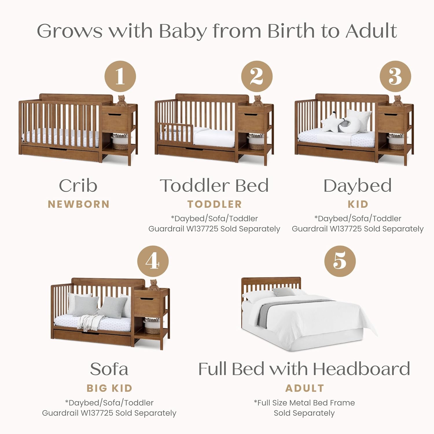 Delta Children Maya 5-in-1 Convertible Crib and Changer with Storage, Converts to Toddler Bed, Daybed, Sofa & Full Bed, Fits Standard Crib Mattress, 3 Mattress Heights for Baby Nursery, Chestnut