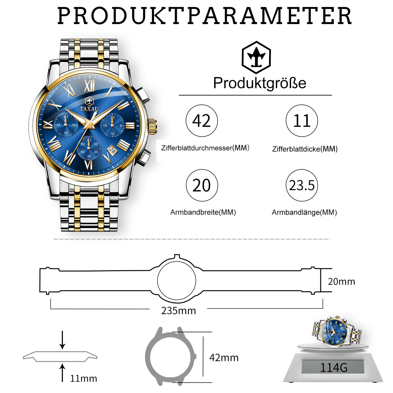 Taxau Uhr Mit Datums Leuchtend wasserdichte Klassische Geschäftlich Vintage Quarzuhren herrenuhren Römisches Zifferblatt mit Nachtsicht Leicht zu lesen Herren Uhren