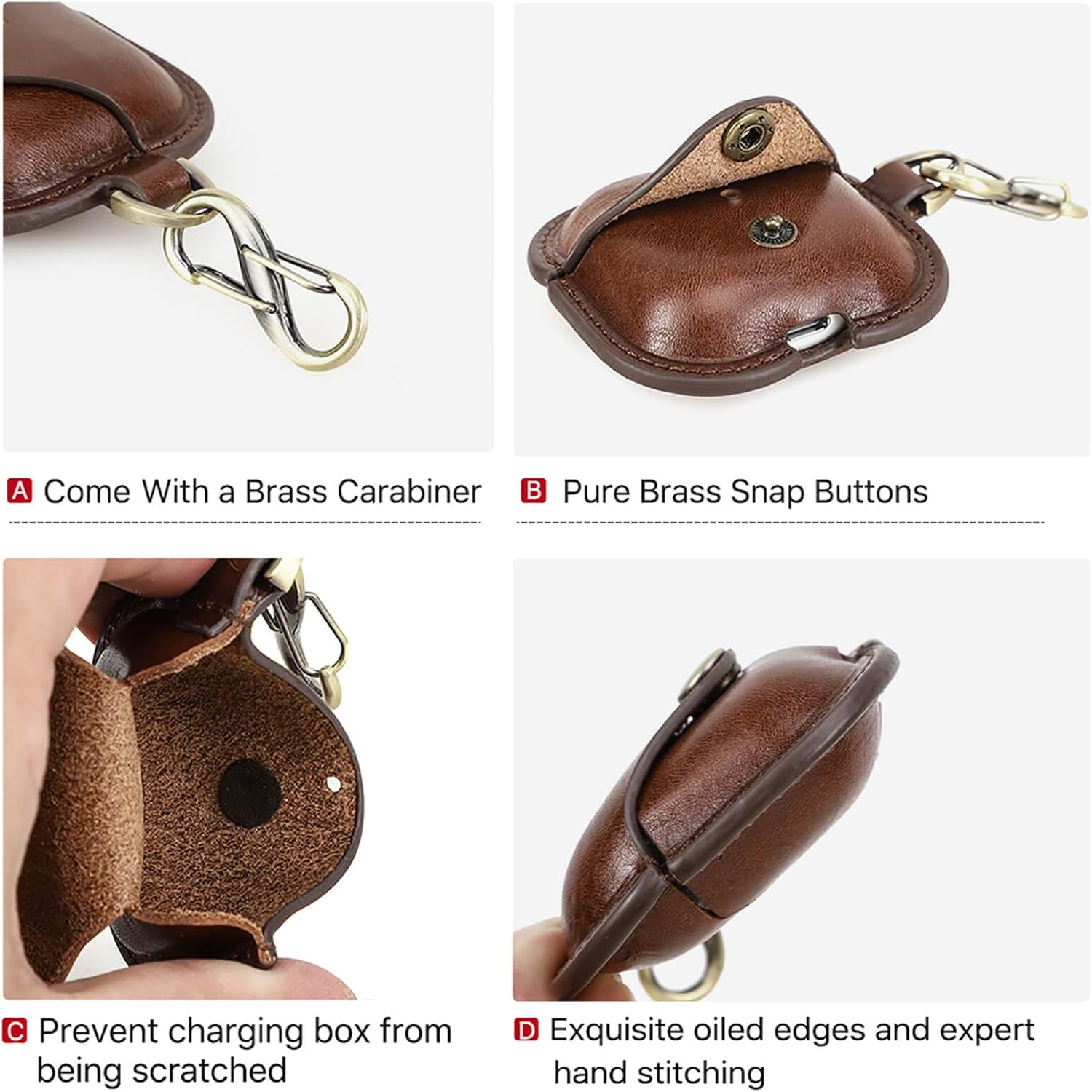 Hiram Full Grain Leather AirPods 4 Case Cover, Wireless Bluetooth Earphone Protective Holder Compatible with Airpods 4th Generation 2024, with Keychain Hook and Metal Snap