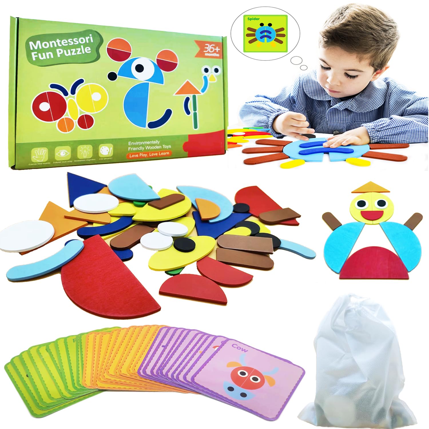 Rompecabezas de Madera con Formas Geométricas para Niños, Juguetes Montessori de 3 Años con 30 Tarjetas, Juegos Educativo Juegos Tangram Regalo para 3 4 5 6 Años Niños y Niñas