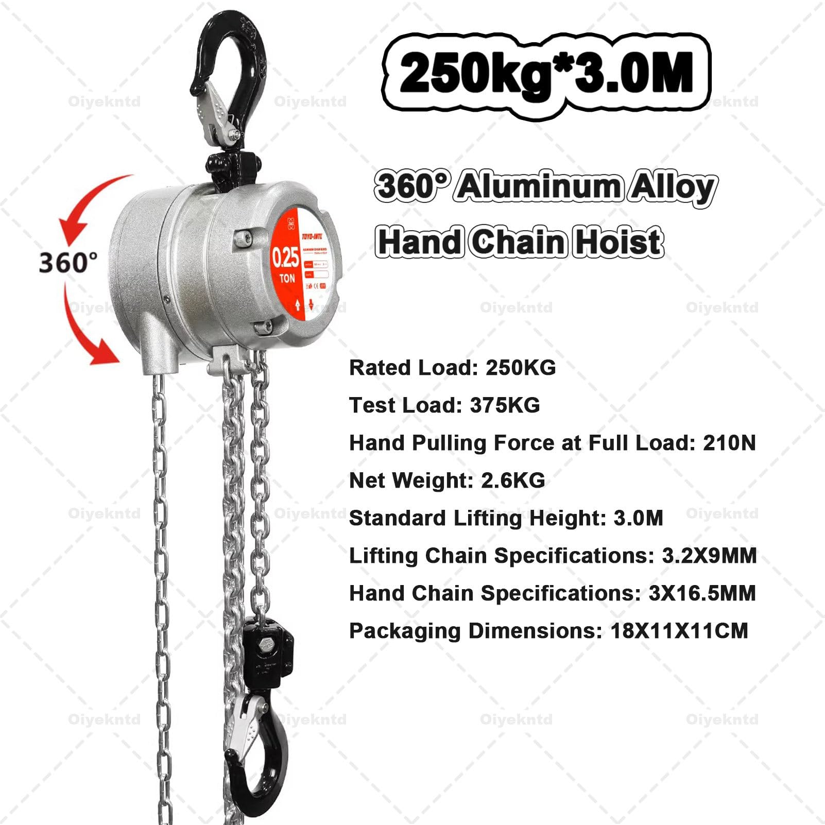 Handkettenzug, manueller Kettenzug mit verbesserter verzinkter Kette, Schwerlast-Rollenzug für Garage, Lagerhalle, Kfz-Maschinen 250KG*3m