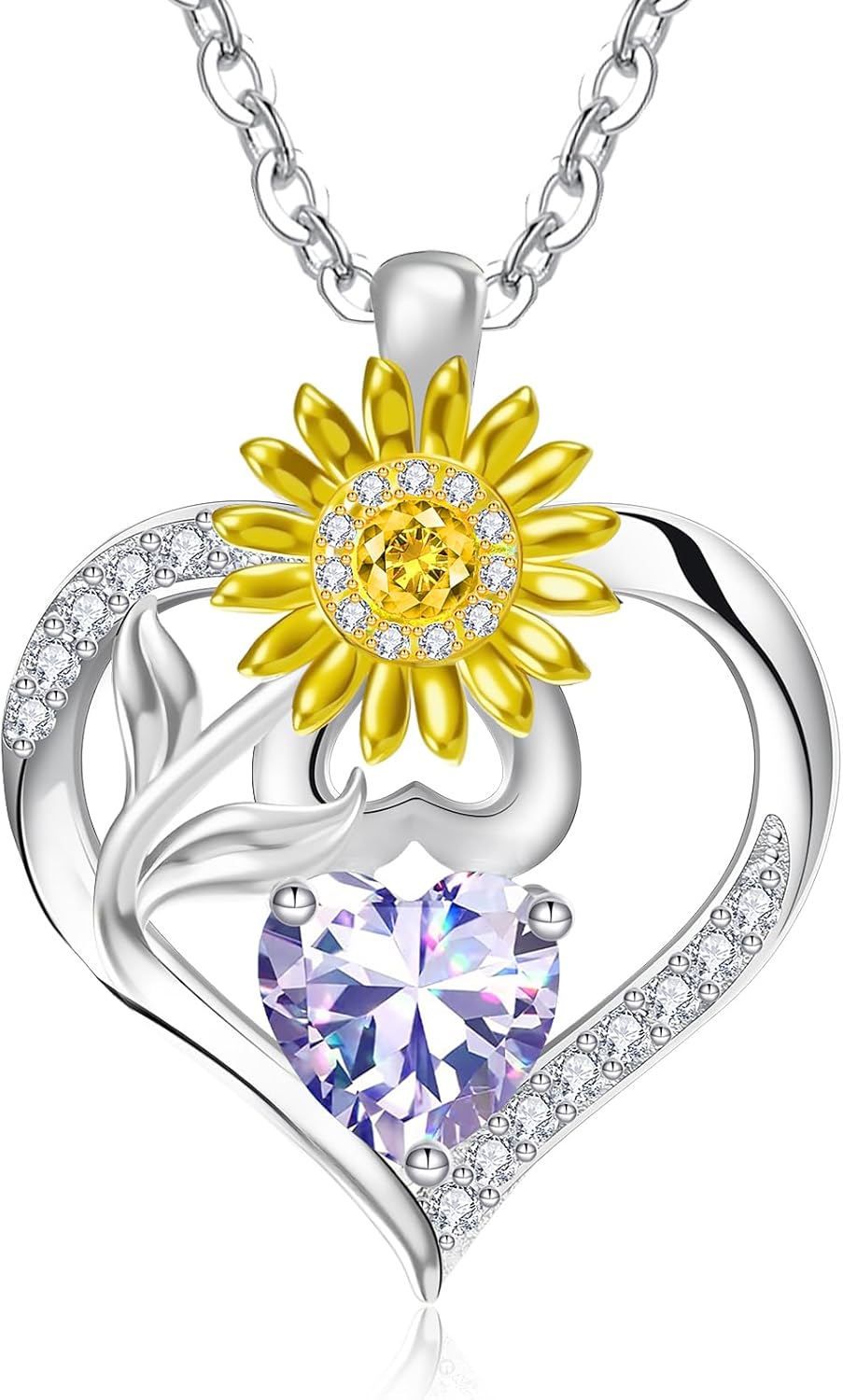 RIVIKO Valentine's Day Gifts for Her-Sunflower Birthstone Necklace for Women,925 Sterling Silver Heart Pendant,Anniversary Birthday Gifts for Women,Birthstone Jewelry for Wife Mother