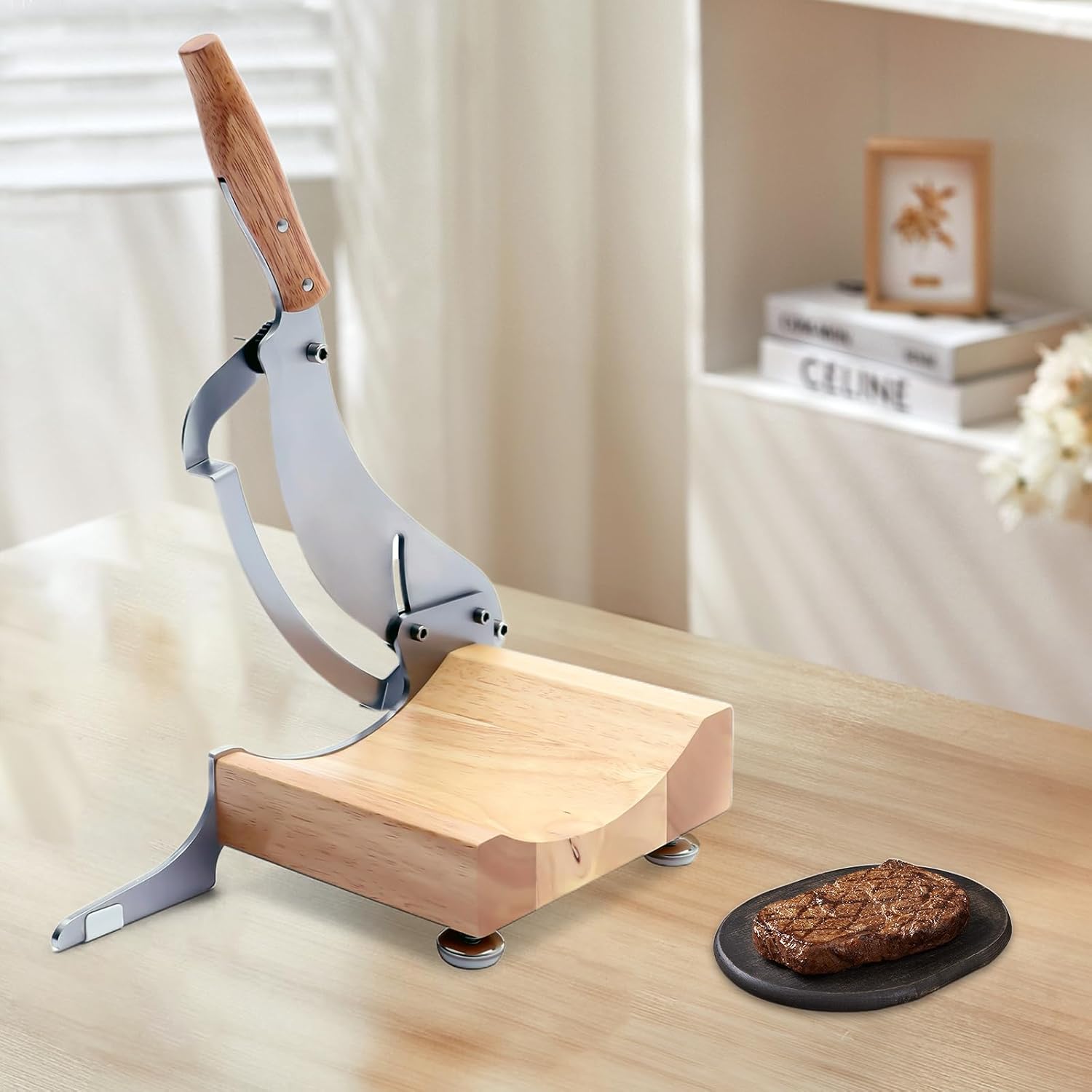 Manual Meat Slicer, Stainless Steel Slicing Machine, Frozen Meat Beef Bones Cutter, Herb Ginseng Slicer w/Solid Rubber Wood Handle for Chinese Herbs, Beef Jerky, Hard Fruits and Vegetables, Nougat