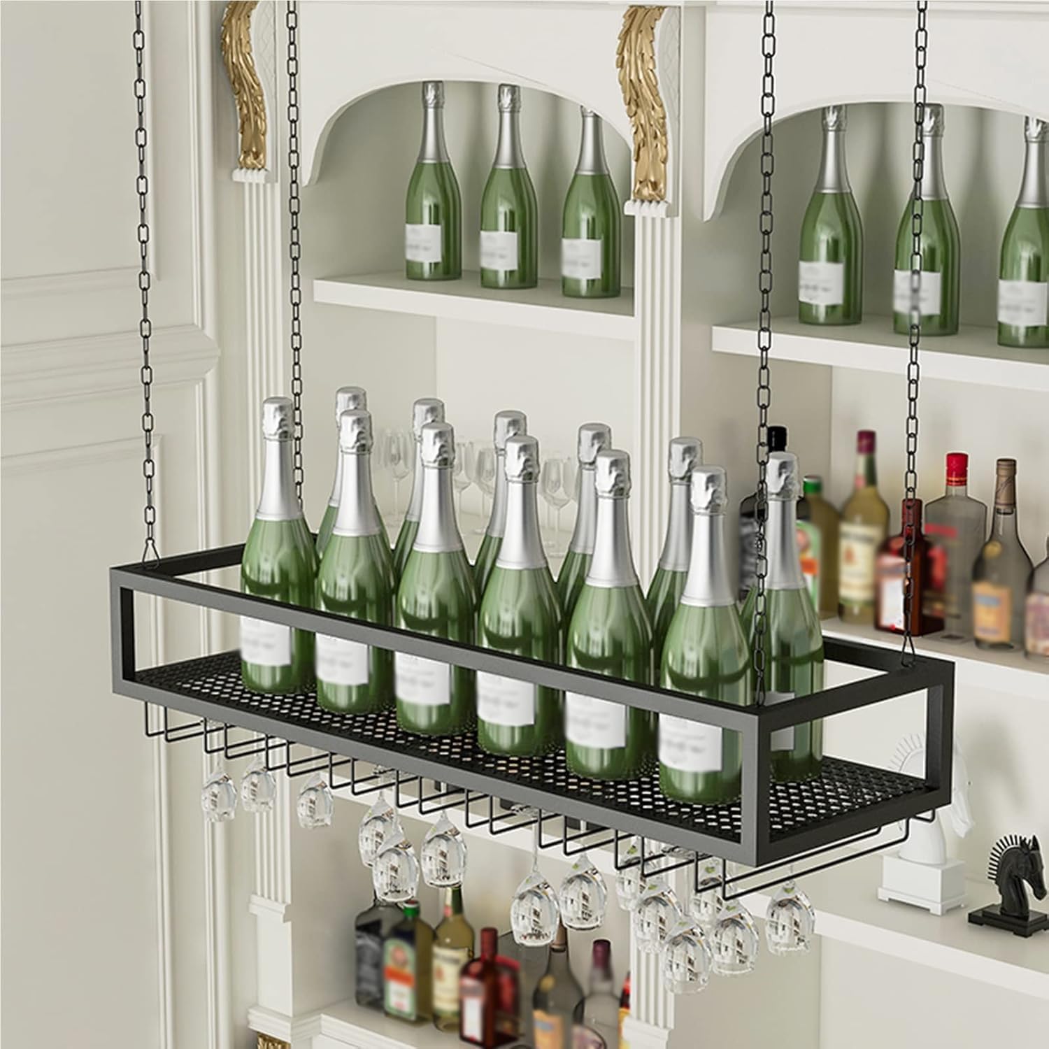 Black Metal Iron Chain Hanging Wine Glass Rack Upside Down Wine Cups Holder Ceiling Stemware Glass Shelf Hanging Storage Shelving Onecolor 80x25x21cm