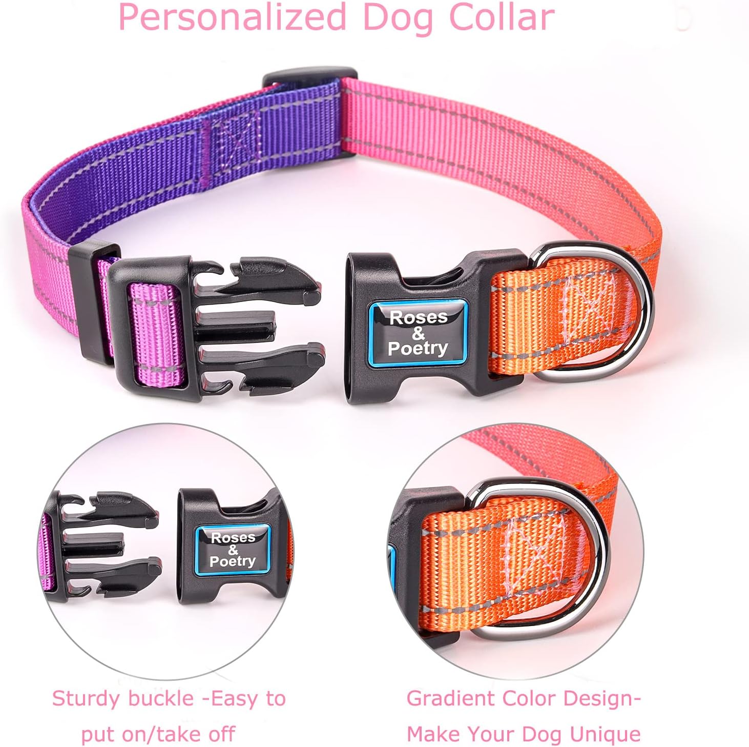 Roses&Poetry Reflective Dog Collar With Gradient Mistyrose,Adjustable Durable Pet Collars for Small Medium Large Dogs (Mistyrose-S) - Image 4