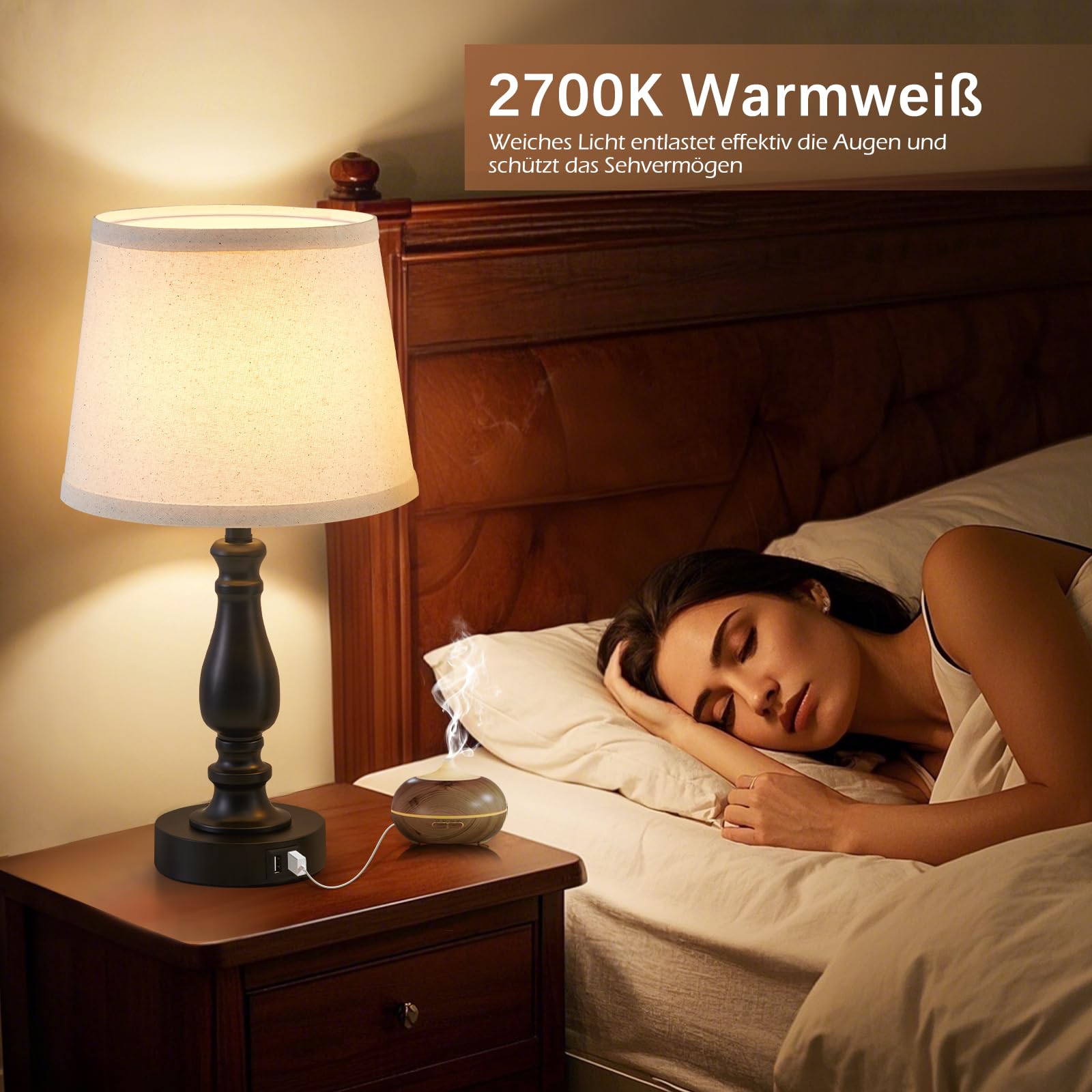 GyroVu Nachttischlampe 2er Set, Touch Bedside Lamps mit USB A+C Ladeanschlüssen, Tischlampe mit Kabel, 3-Stufig Dimmbar Table Lamp für Schlafzimmer Wohnzimmer Hotel Büro (LED-Birne Inklusive)