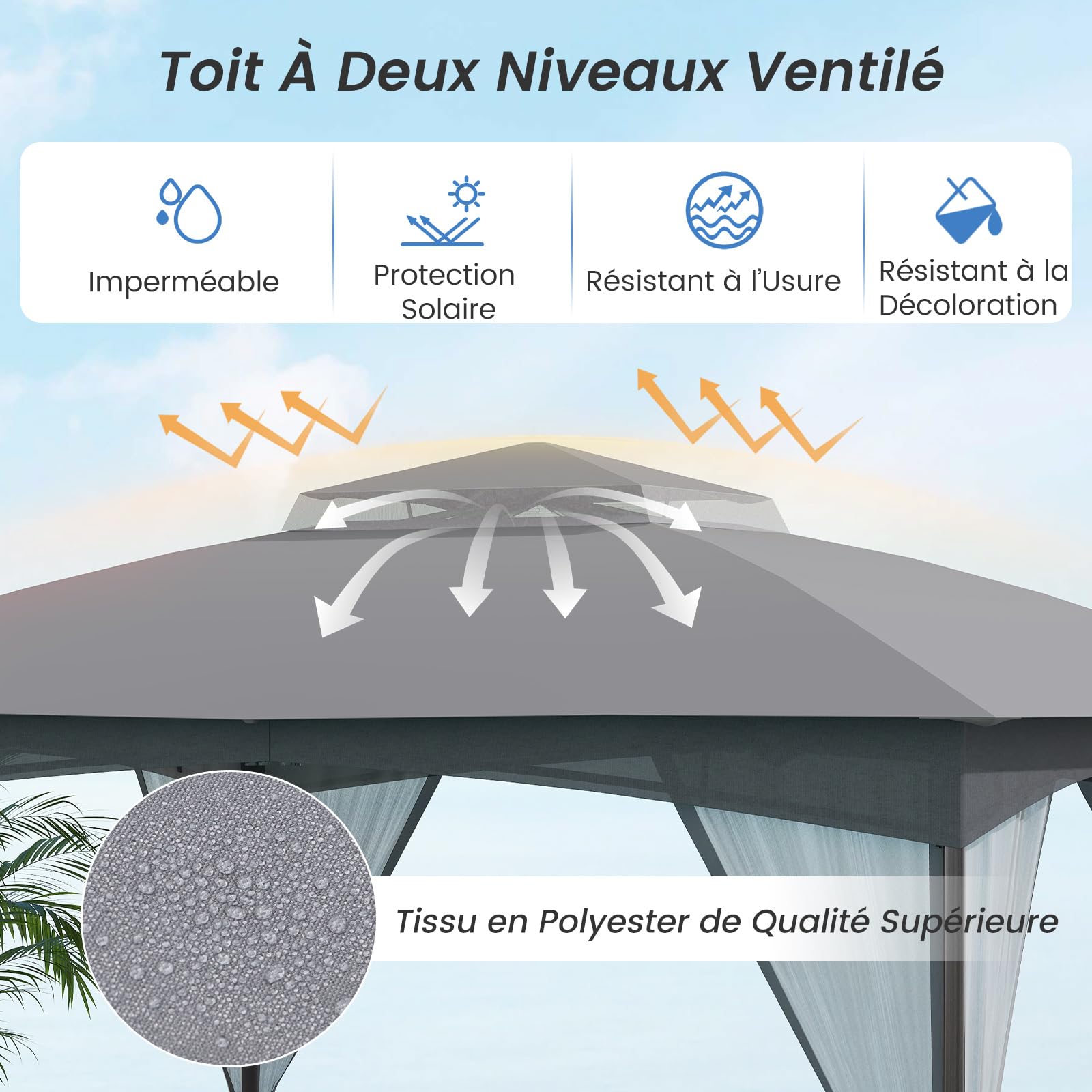 RELAX4LIFE Tonnelle de Jardin Exterieur avec Moustiquaire, Pavillon de Jardin, Protection Solaire, Cadre Métallique, Sacs de Sable, Montage sans Outil, Tente de Reception pour Terrasse Patio (Gris)