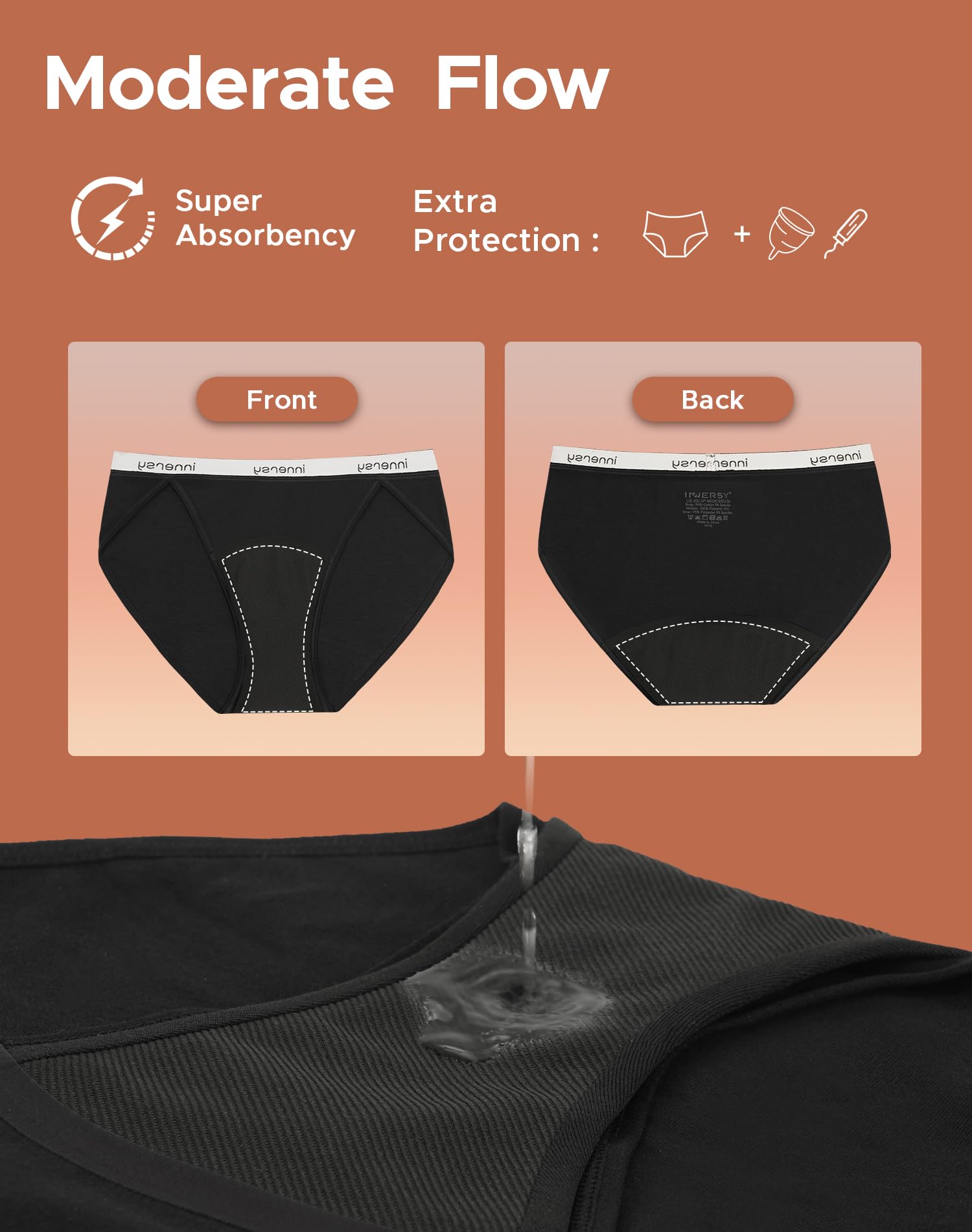 INNERSY Women's Bikini Period Underwear Cotton Menstrual Leakproof Panties 3-Pack: Pure Black Small