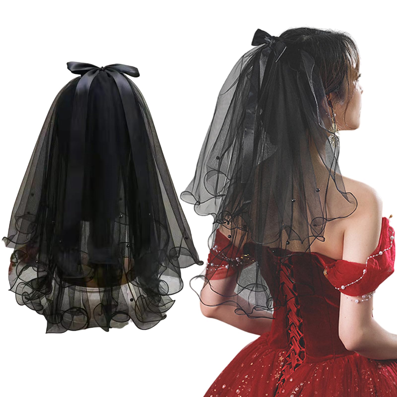 Amazon.com: Black Veil Bow Pearls with Comb Women Bridal  display picture 2
