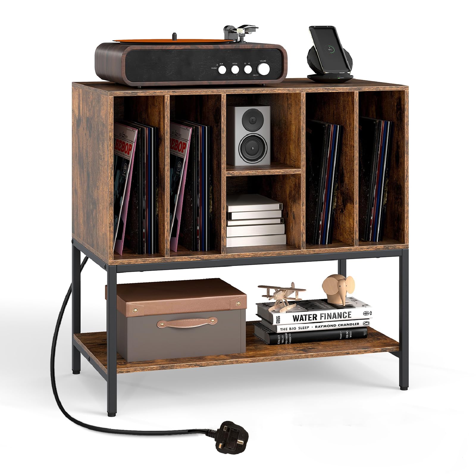 COSTWAY Record Player Stand with Charging Station, Turntable Stand End Sofa Side Table with Open Shelves, Metal Frame Albums Vinyl Record Storage Cabinet Holder for Living Room Bedroom (Rustic Brown)