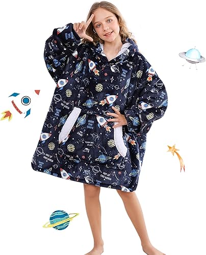 Uttermara Manta con capucha para niños, manta Sherpa de gran tamaño con capucha de sherpa, bolsillo frontal y mangas, acogedora sudadera suave y