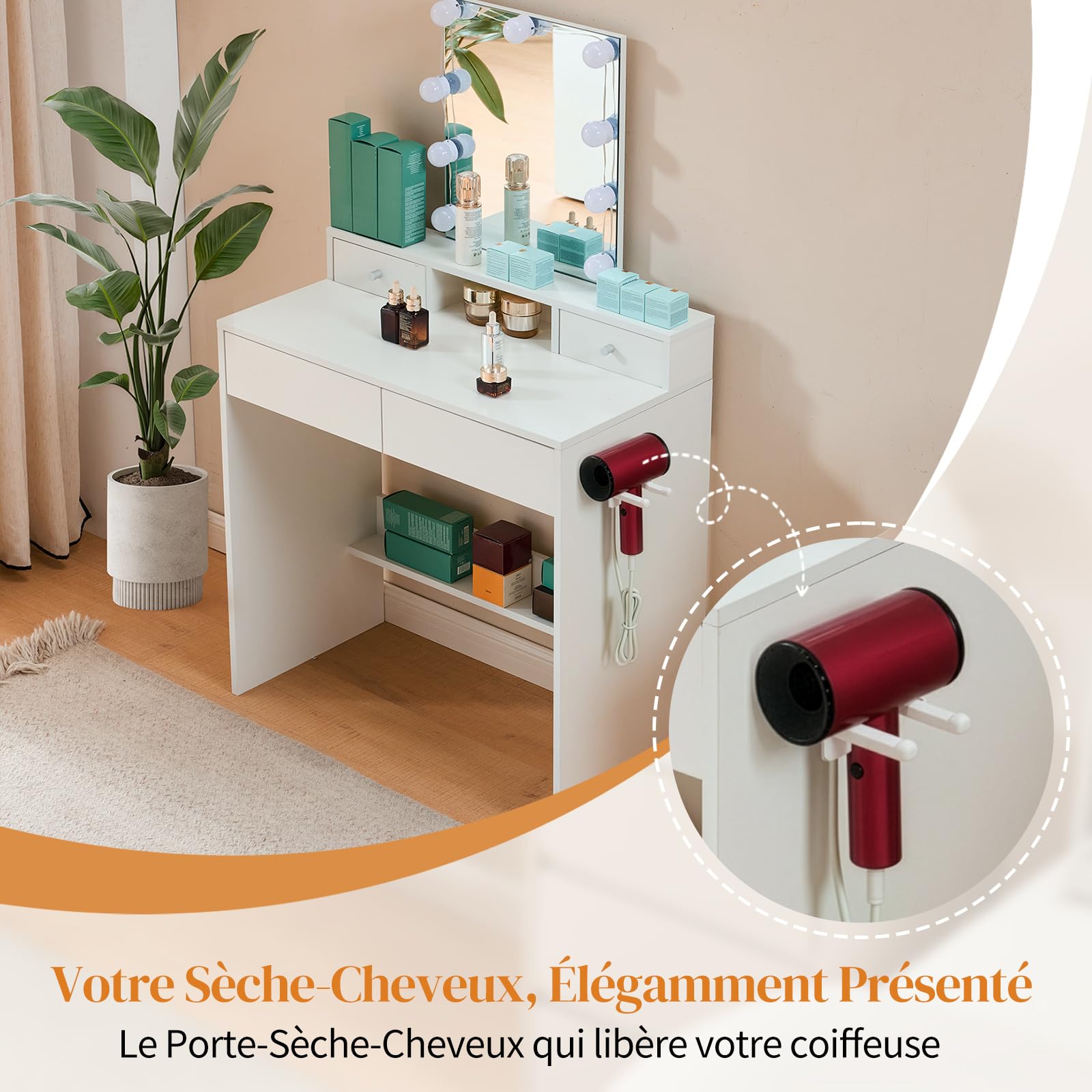 LEADZM Coiffeuse avec Miroir LED 3 Couleurs Réglables, 4 Tiroirs, 1 Porte-Sèche-Cheveux, 80x40x130 cm (Blanc)