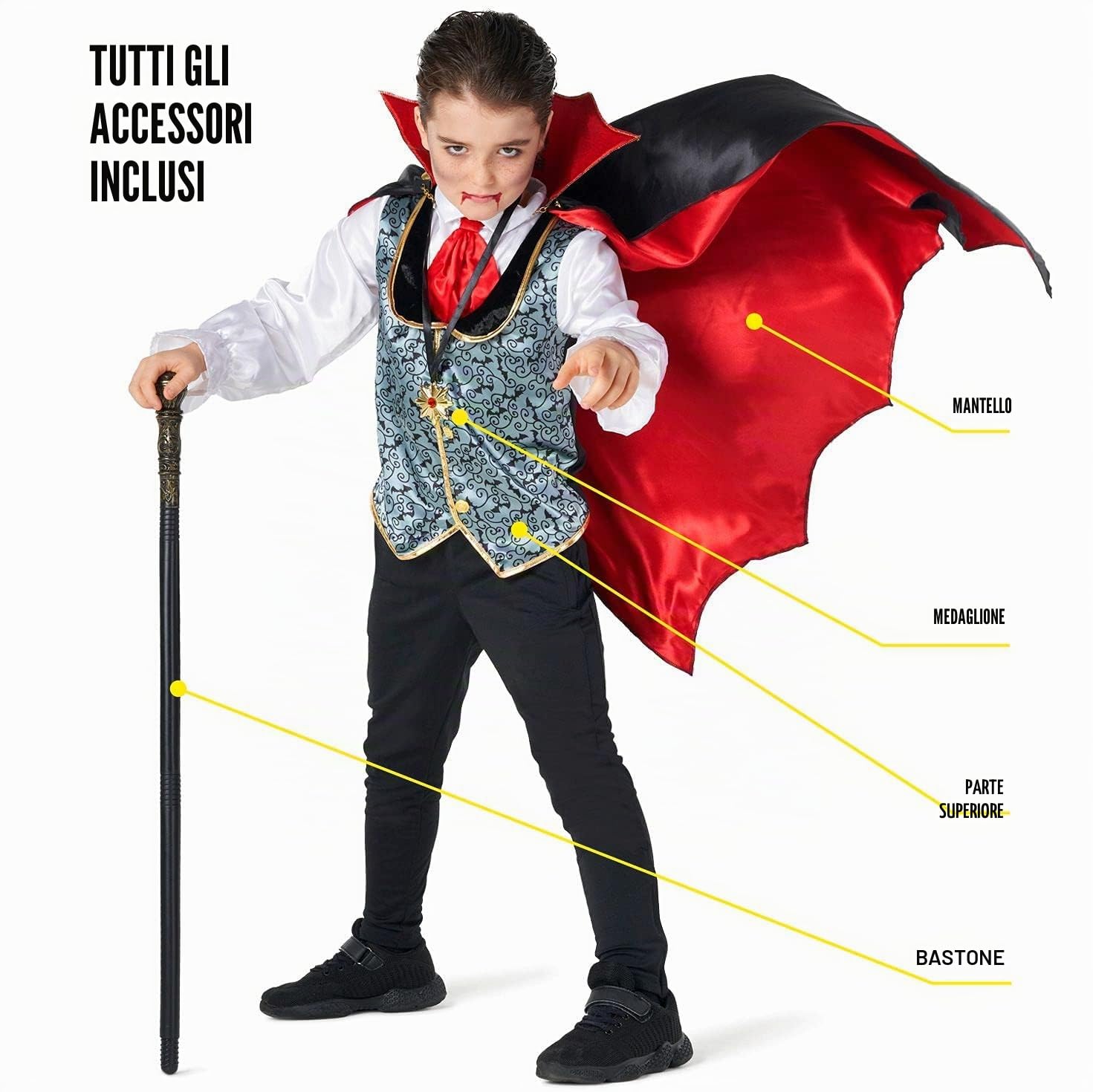 Morph Costume Vampiro Bambino, Costume Halloween Bambino | Panciotto con Camicia, Mantello, Bastone & Medaglione, Look Gotico, Perfetto per Halloween, Ideale per il Gioco di Ruolo