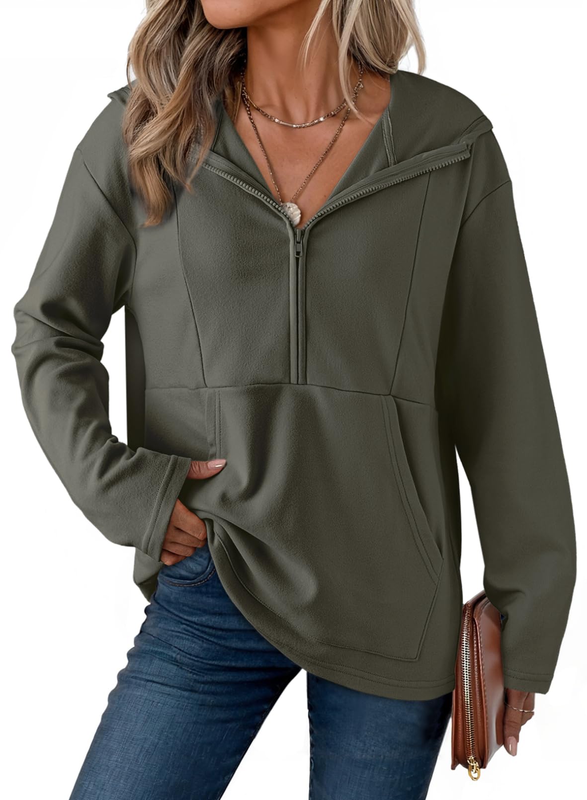 Dokotoo Kapuzenpullover Damen Hoodie Oversize Langarm Reißverschluss Half Zip Pullover Sweatshirts mit Taschen Oberteil Warm Weich Fleece Herbst Winter Lässig Hoodies Oberteile S-XXL