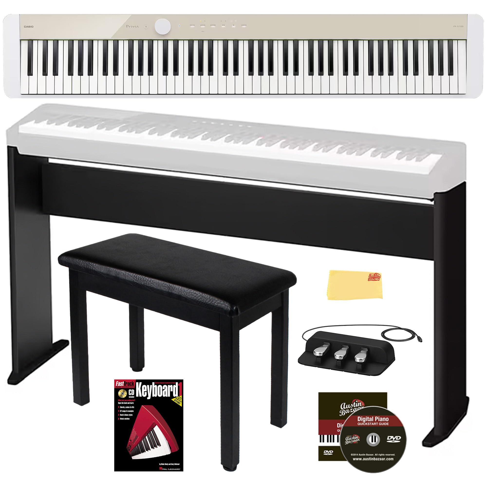 Casio PX-S1100 Privia Digital Piano - Mellow Beige Bundle with CS-68 Stand, Bench, SP-34 Three Pedal Unit, Instructional Book, Austin Bazaar Instructional DVD, and Polishing Cloth